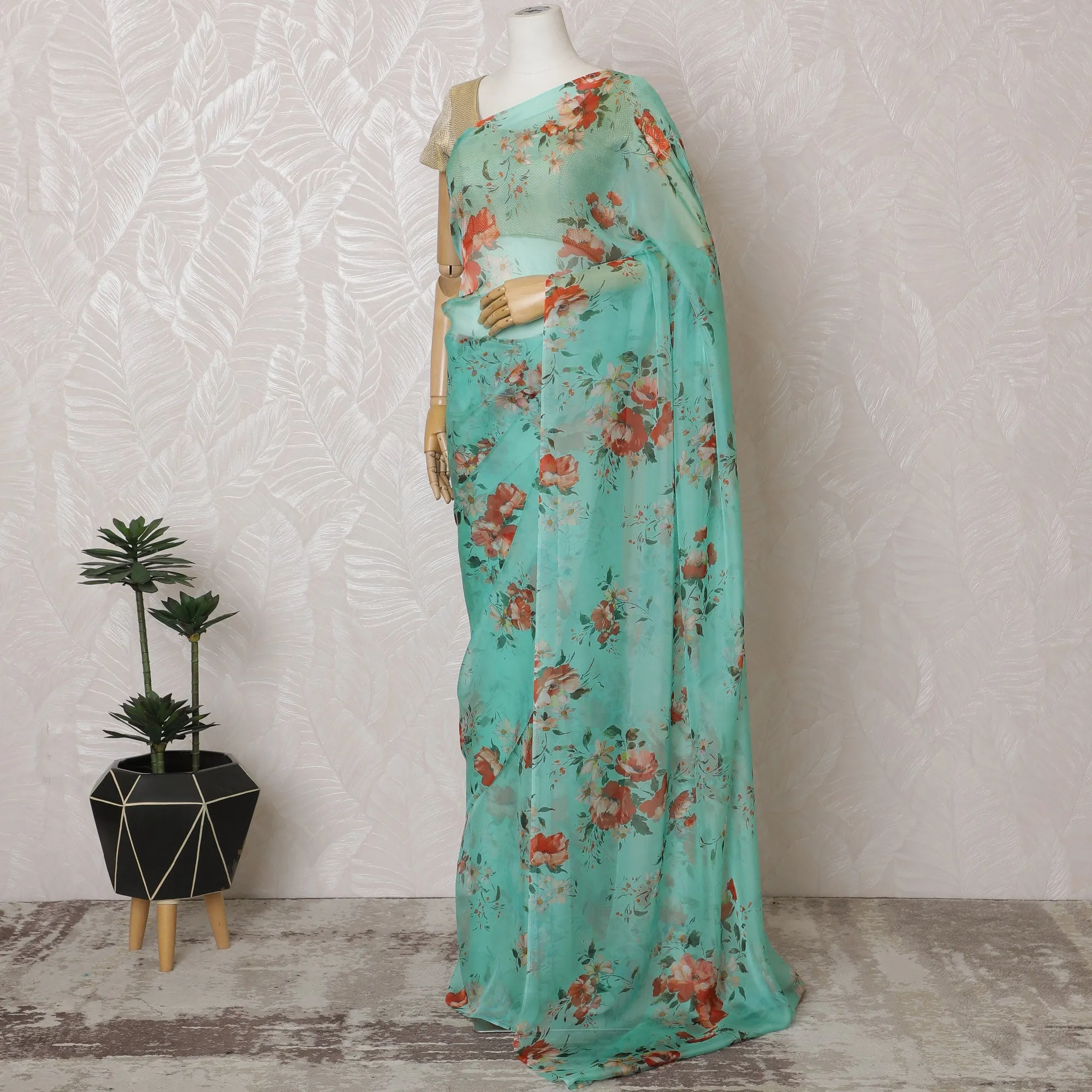 Elegant Aqua Green Floral Silk Chiffon Saree,110 cm Width, 5.5 Meters Piece-D19486