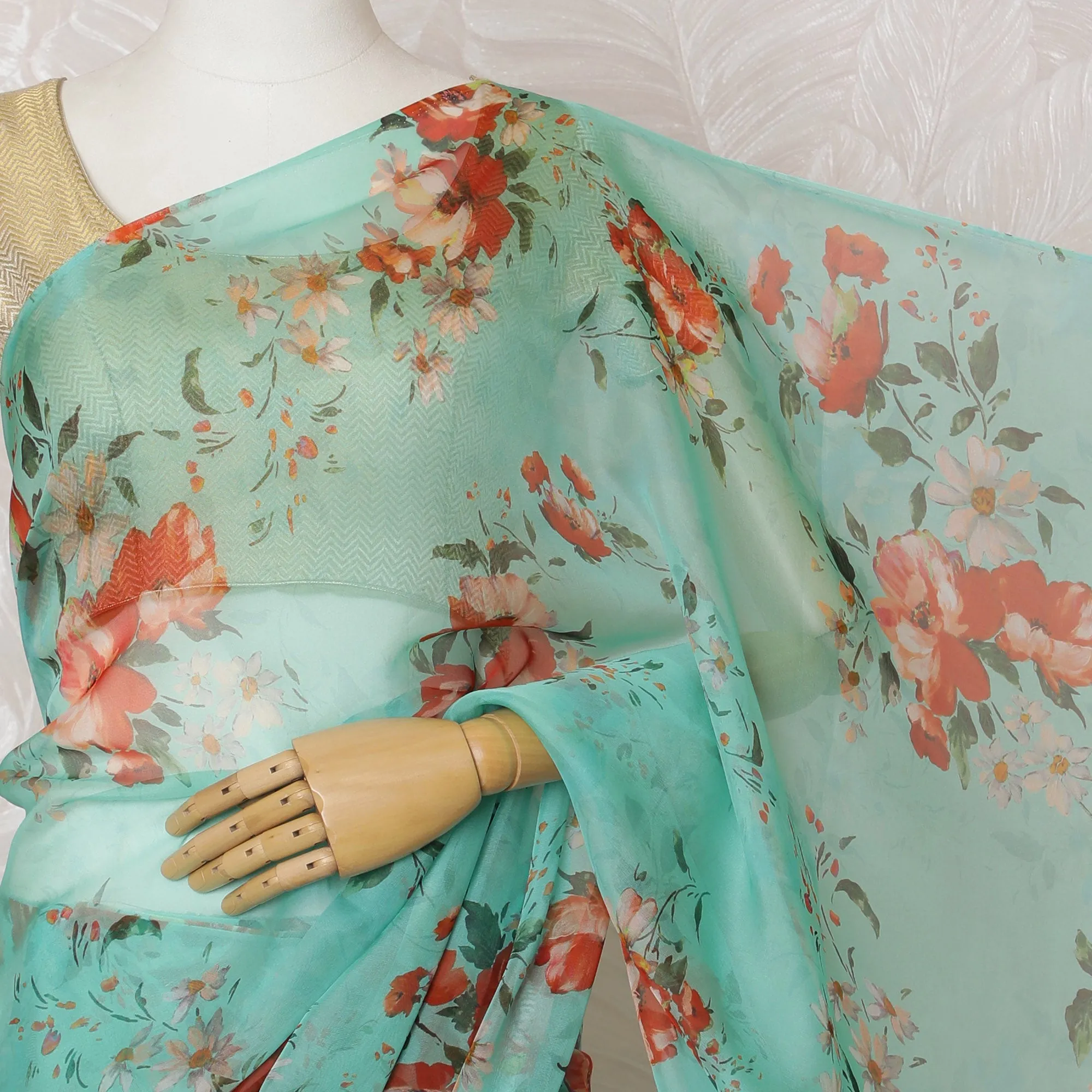 Elegant Aqua Green Floral Silk Chiffon Saree,110 cm Width, 5.5 Meters Piece-D19486