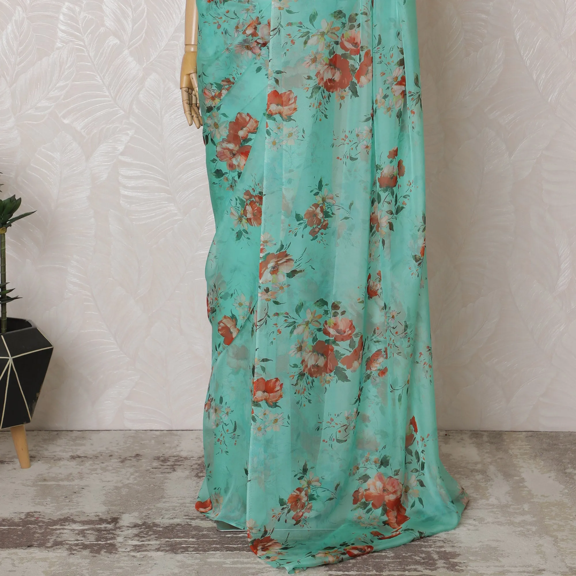 Elegant Aqua Green Floral Silk Chiffon Saree,110 cm Width, 5.5 Meters Piece-D19486