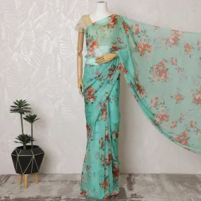 Elegant Aqua Green Floral Silk Chiffon Saree,110 cm Width, 5.5 Meters Piece-D19486