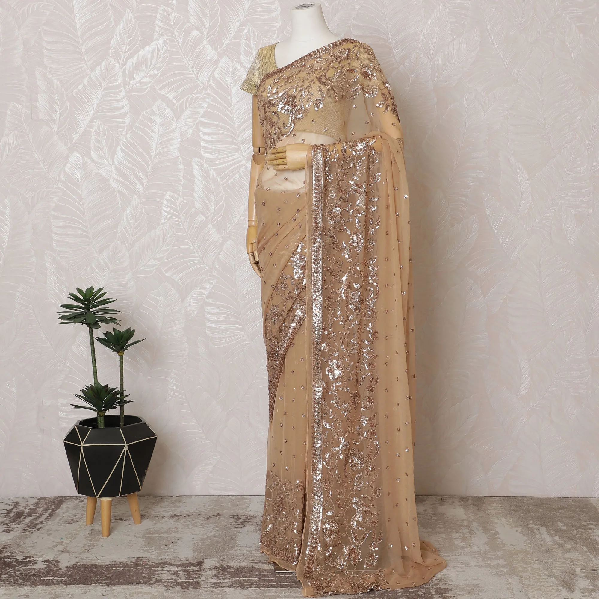 Elegant Beige Silk Chiffon Saree with Rose Gold Embroidery,110 cm Width, 5.5 Meters Piece-D19479