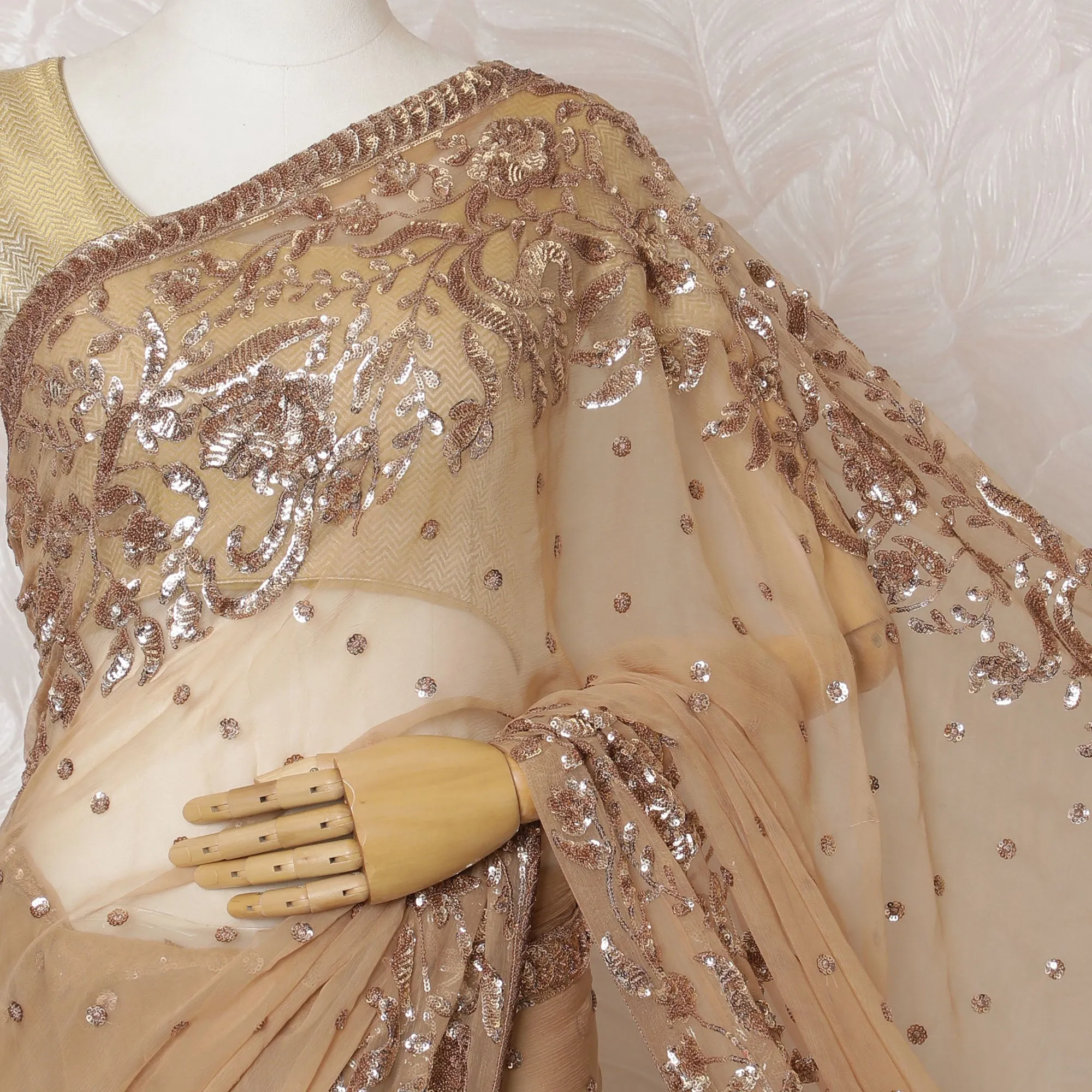 Elegant Beige Silk Chiffon Saree with Rose Gold Embroidery,110 cm Width, 5.5 Meters Piece-D19479