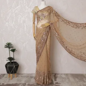 Elegant Beige Silk Chiffon Saree with Rose Gold Embroidery,110 cm Width, 5.5 Meters Piece-D19479