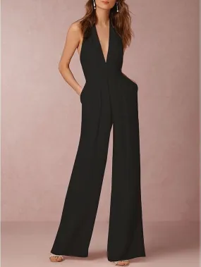 Elegant Halter Neck Wide Leg Jumpsuit with Backless Zipper