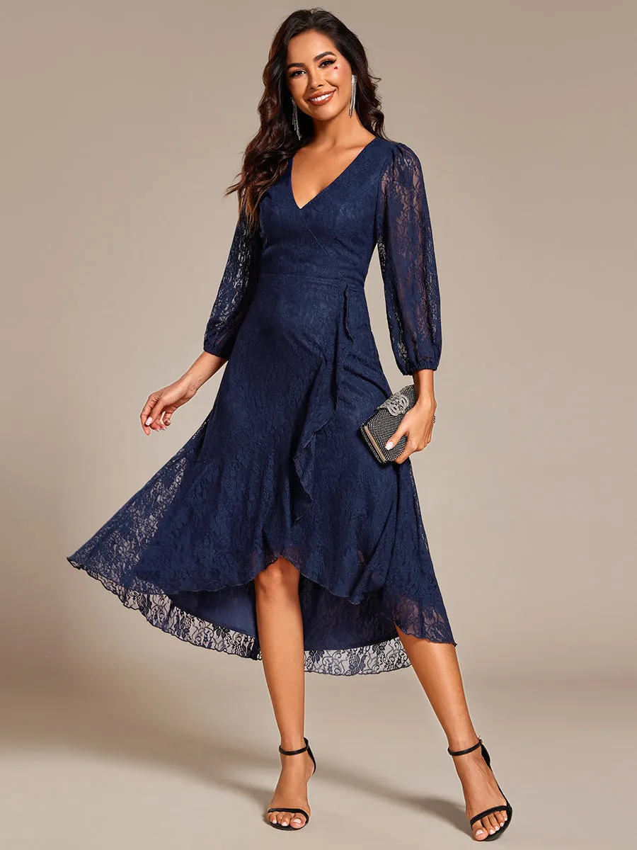 Elegant Lace A-Line Long Sleeves Midi Wedding Guest Dress