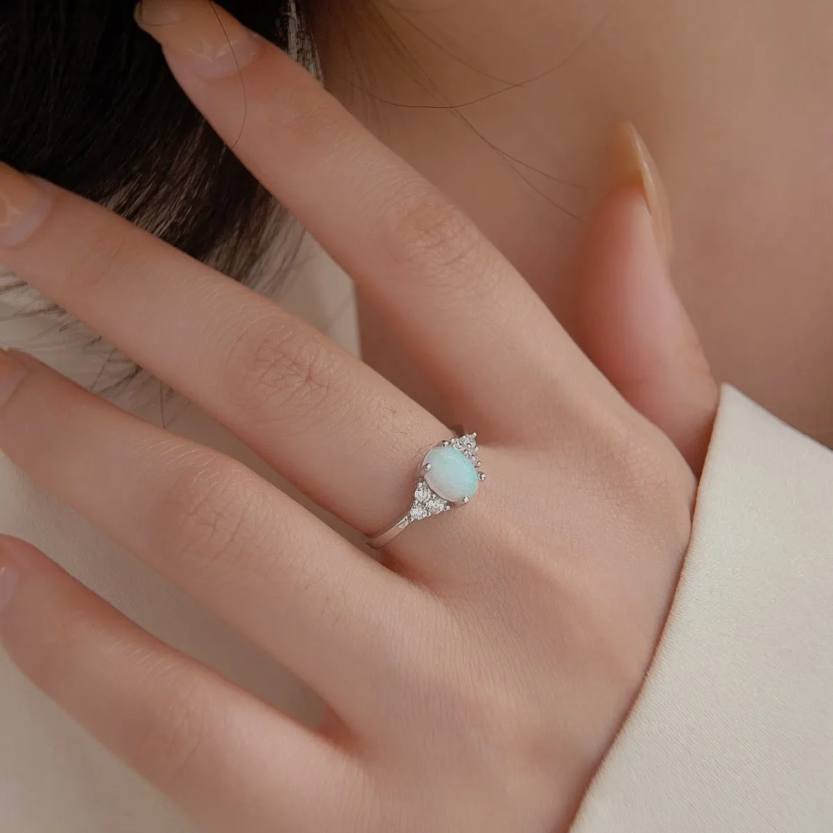 Elegant Simulated Opal Love Promise Ring 925 Sterling Silver