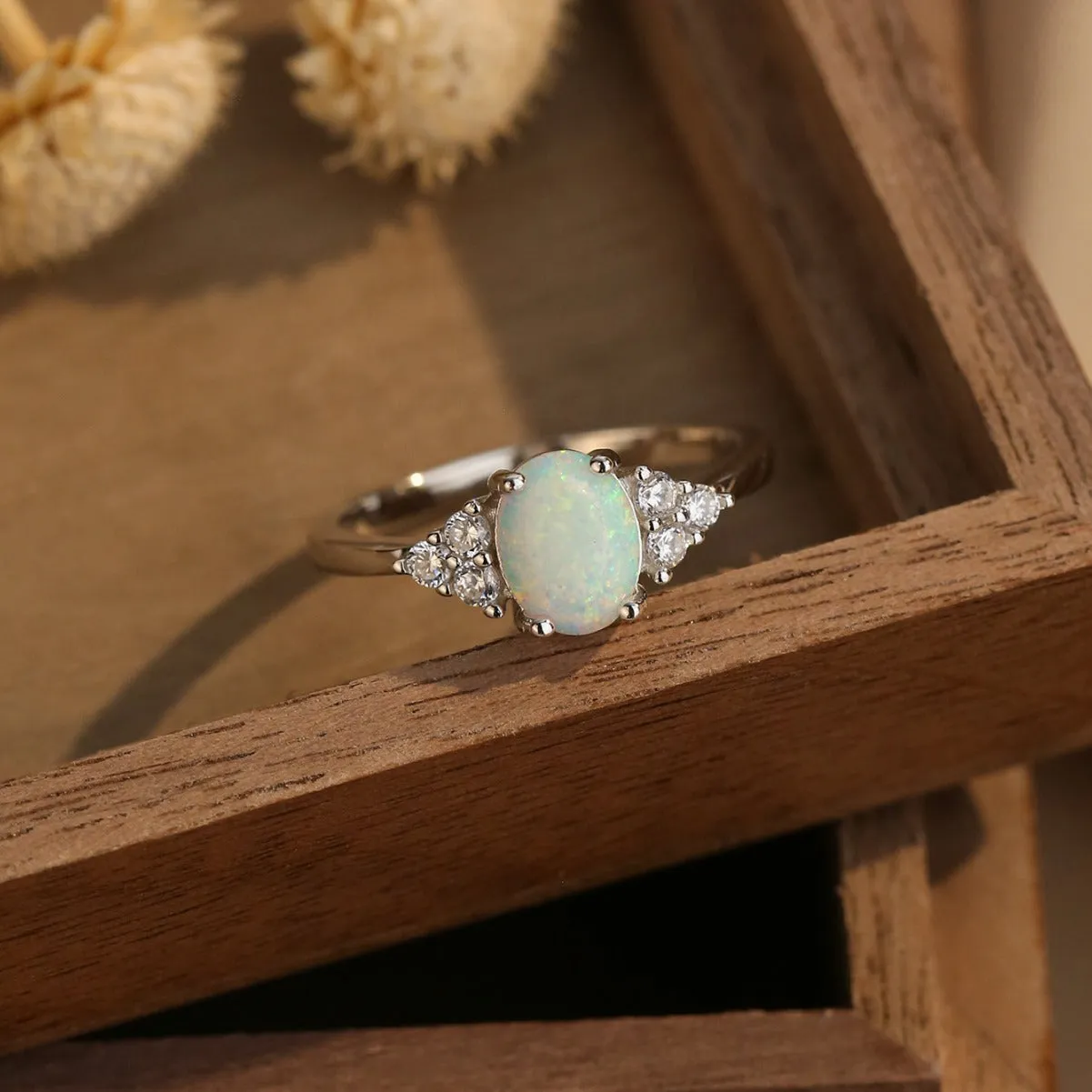 Elegant Simulated Opal Love Promise Ring 925 Sterling Silver