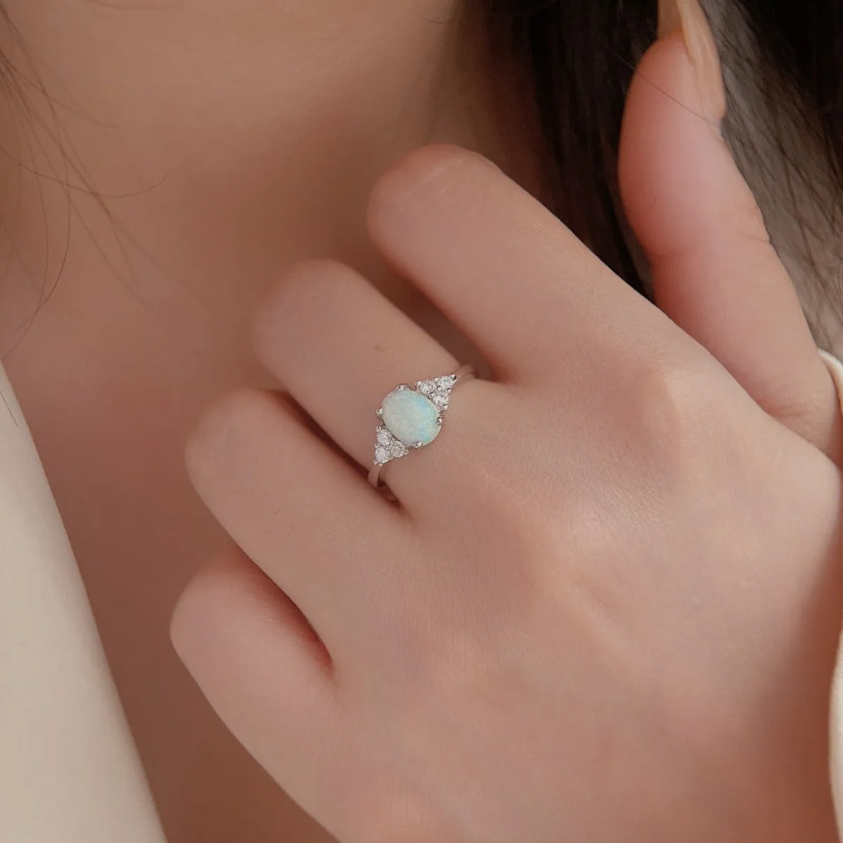 Elegant Simulated Opal Love Promise Ring 925 Sterling Silver