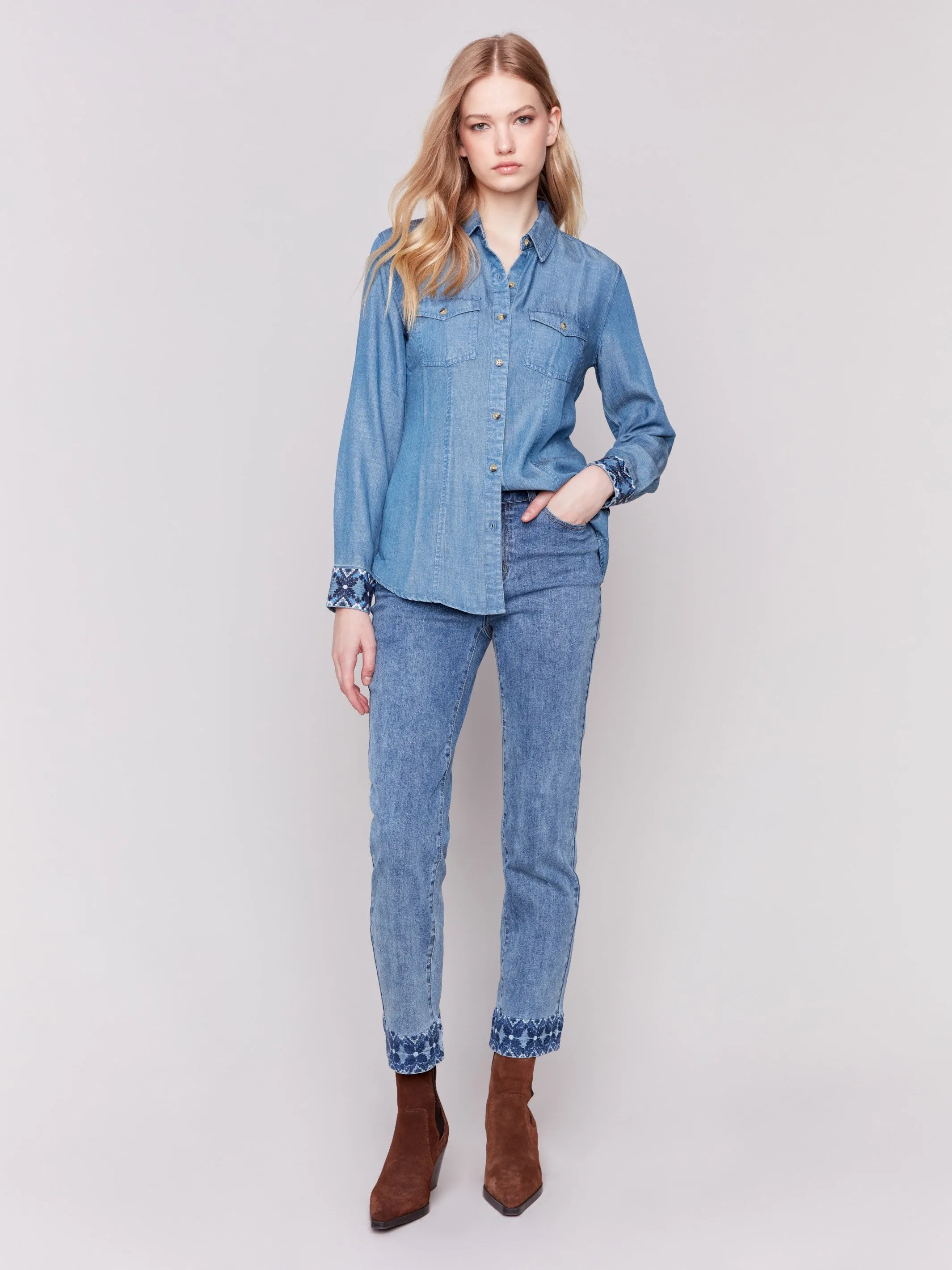 Embroidered Cuff Tencel Shirt - Denim