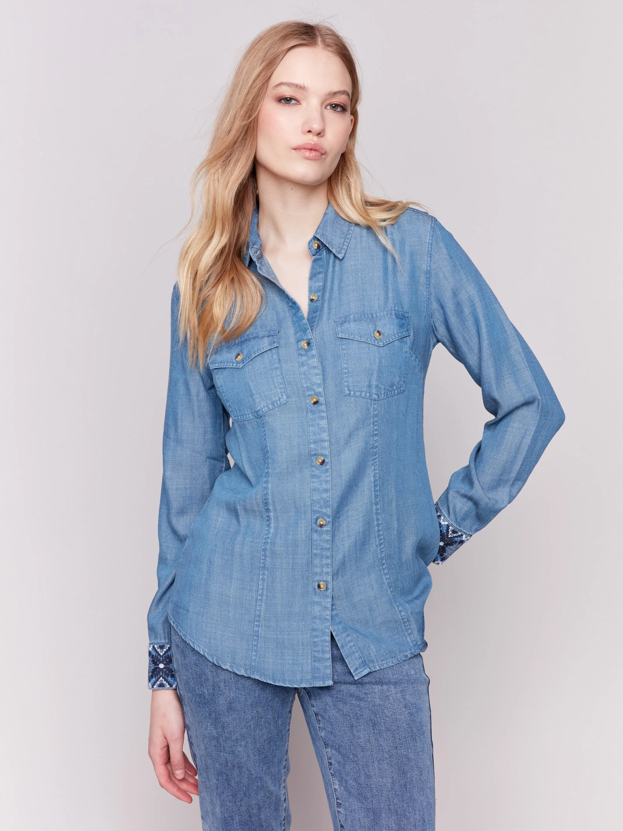 Embroidered Cuff Tencel Shirt - Denim