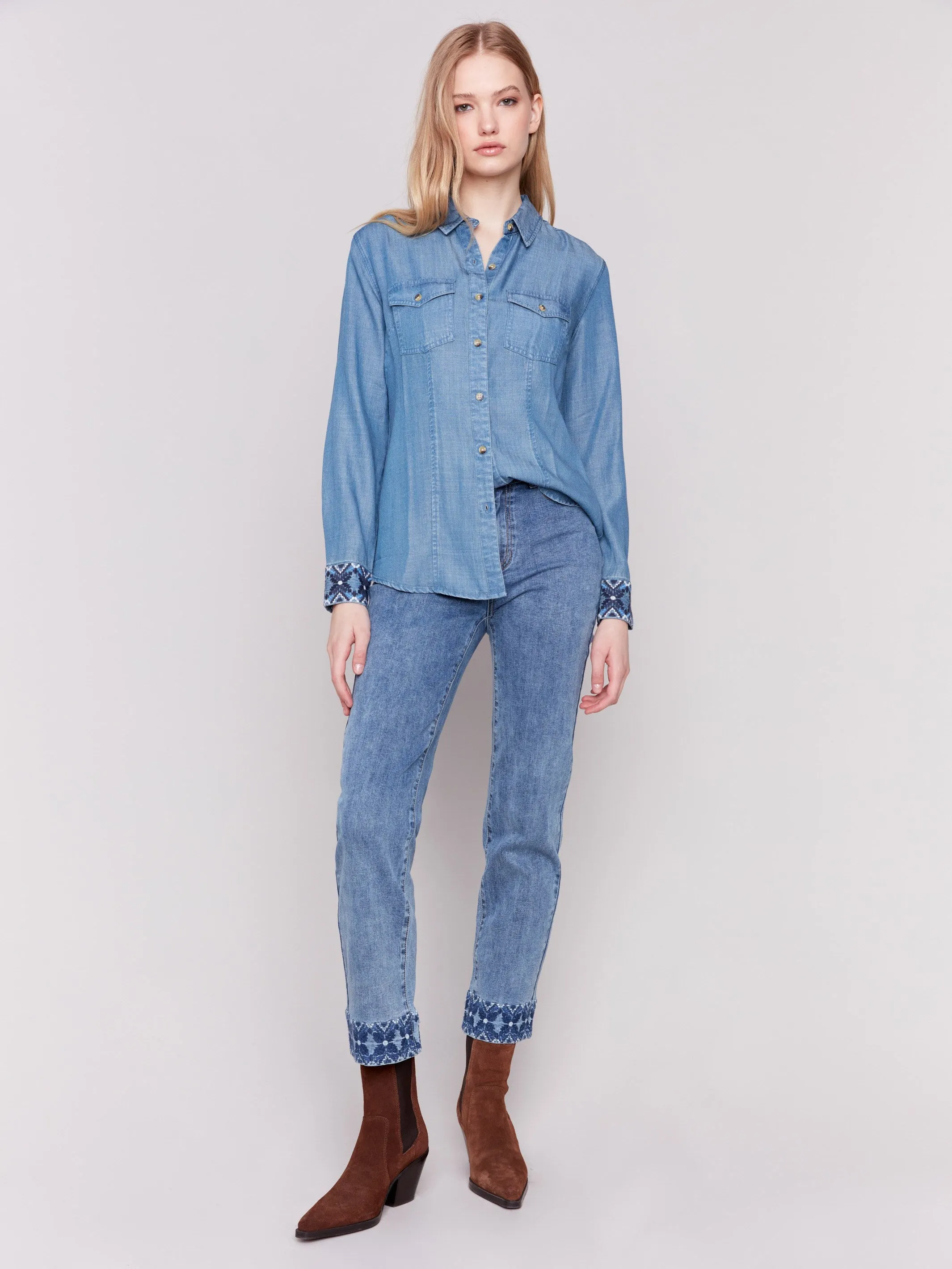 Embroidered Cuff Tencel Shirt - Denim