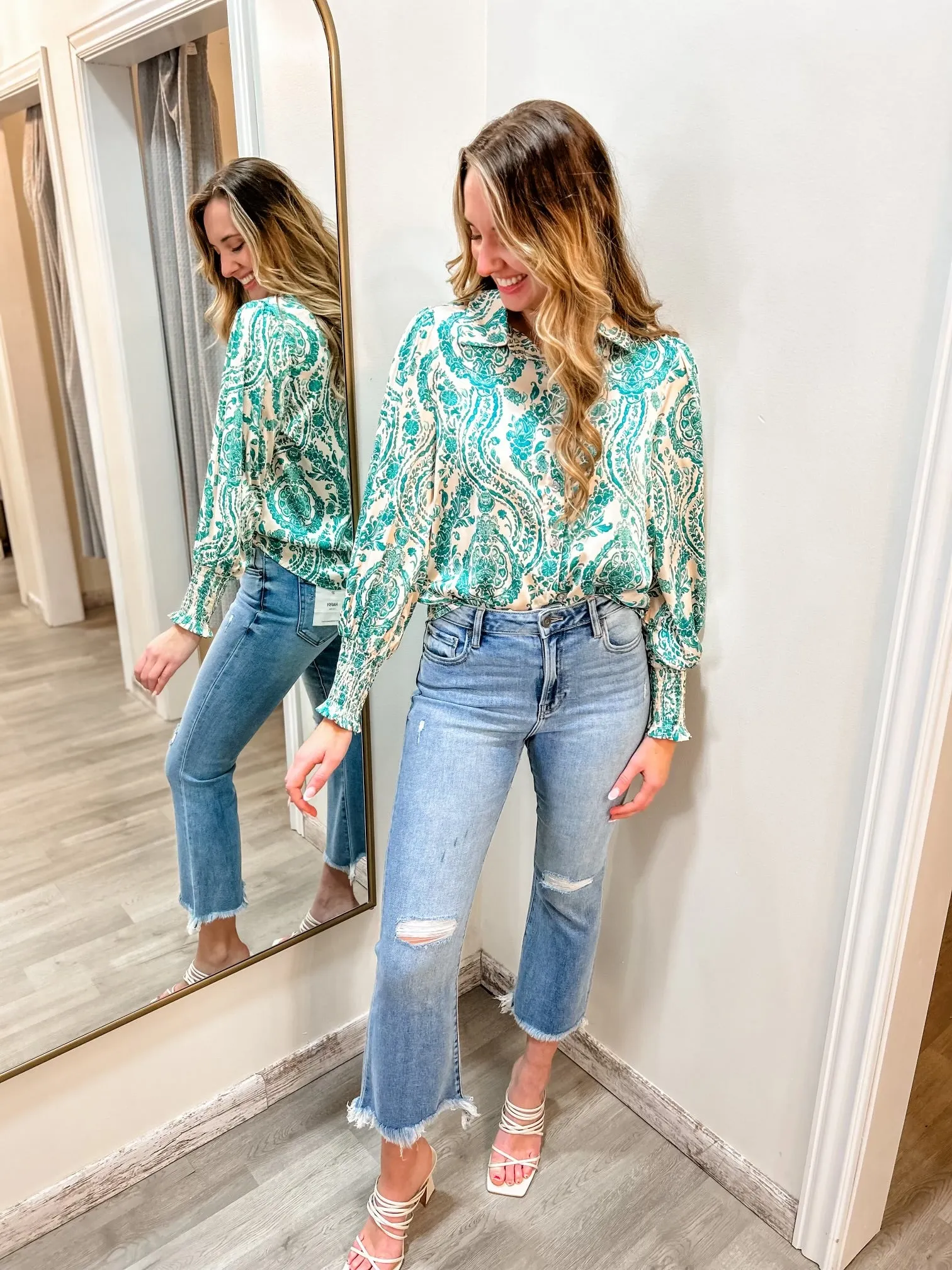 Emerald Teal Pattern Button Down Satin Top