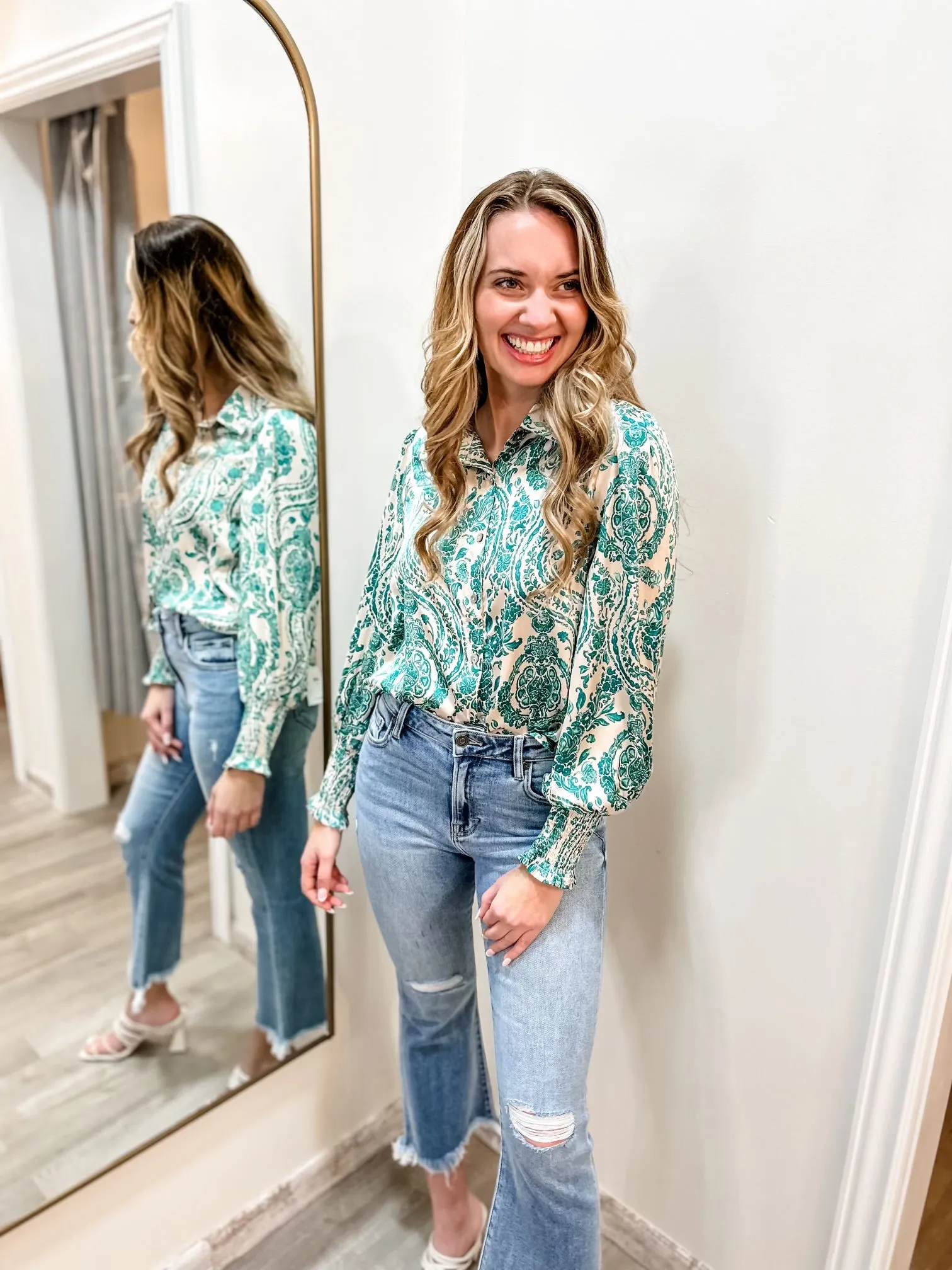 Emerald Teal Pattern Button Down Satin Top