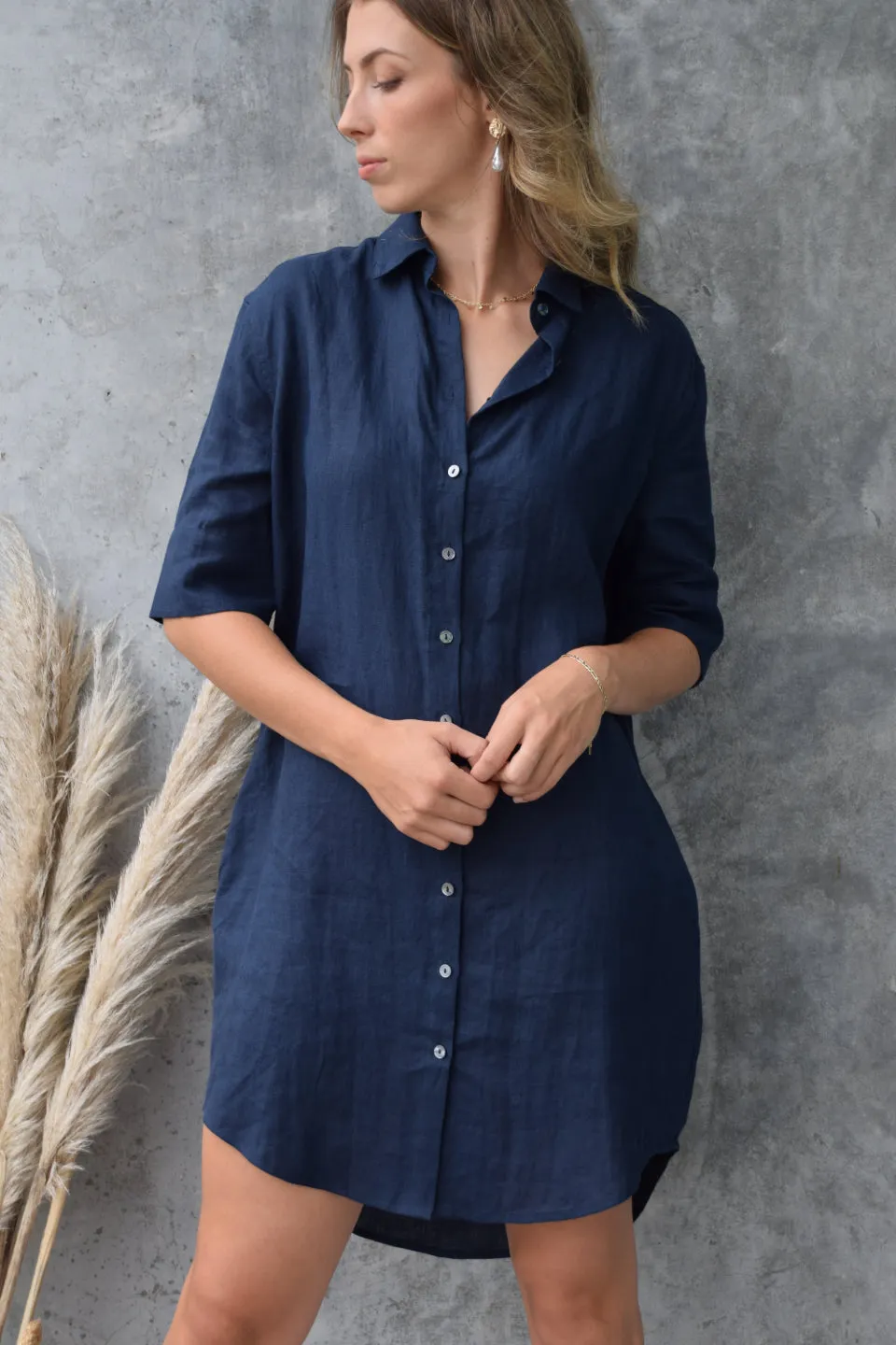 Energize SS Dark Navy Linen Shirt Dress