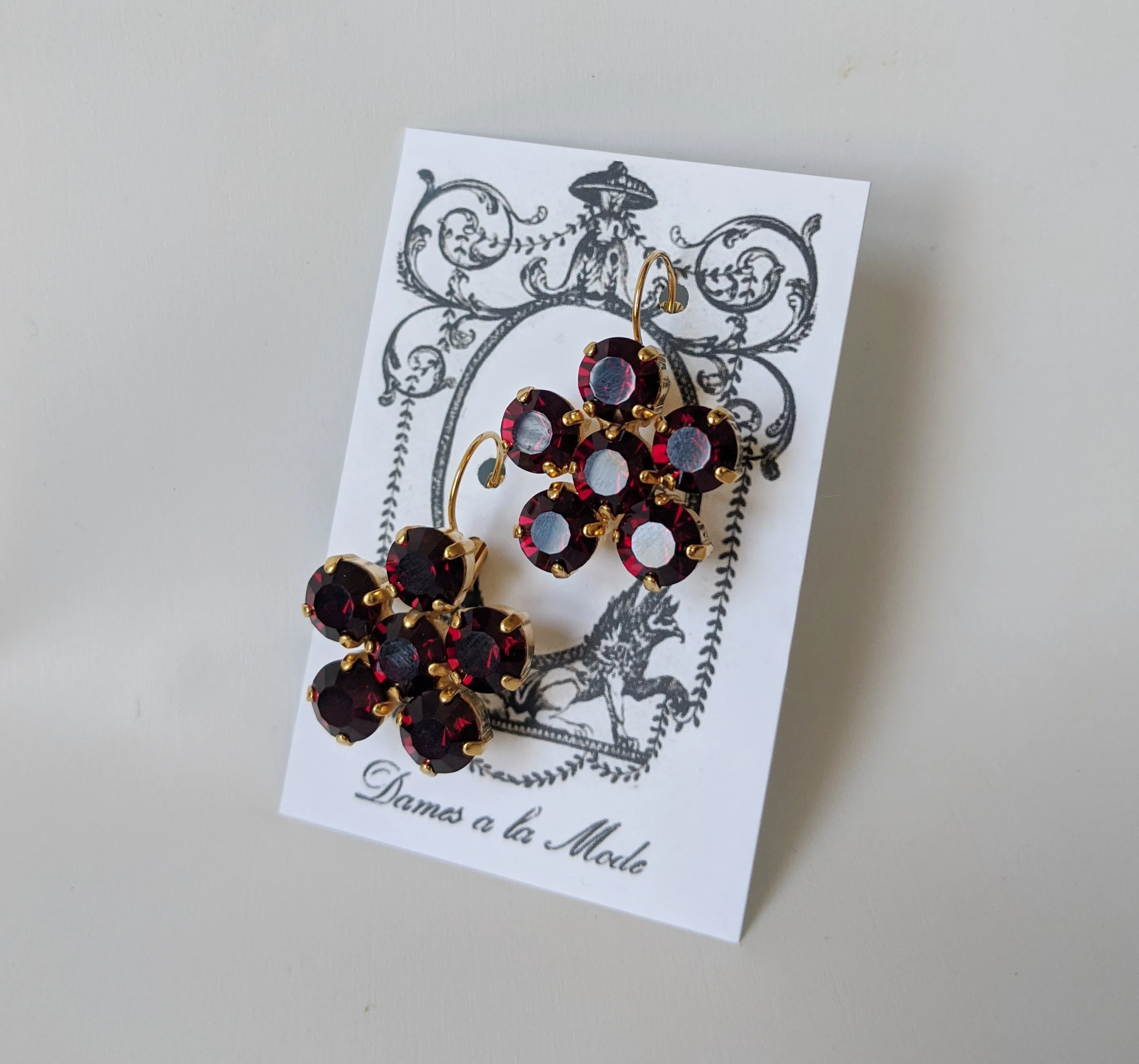 Floral Earrings - Garnet Round Crystals