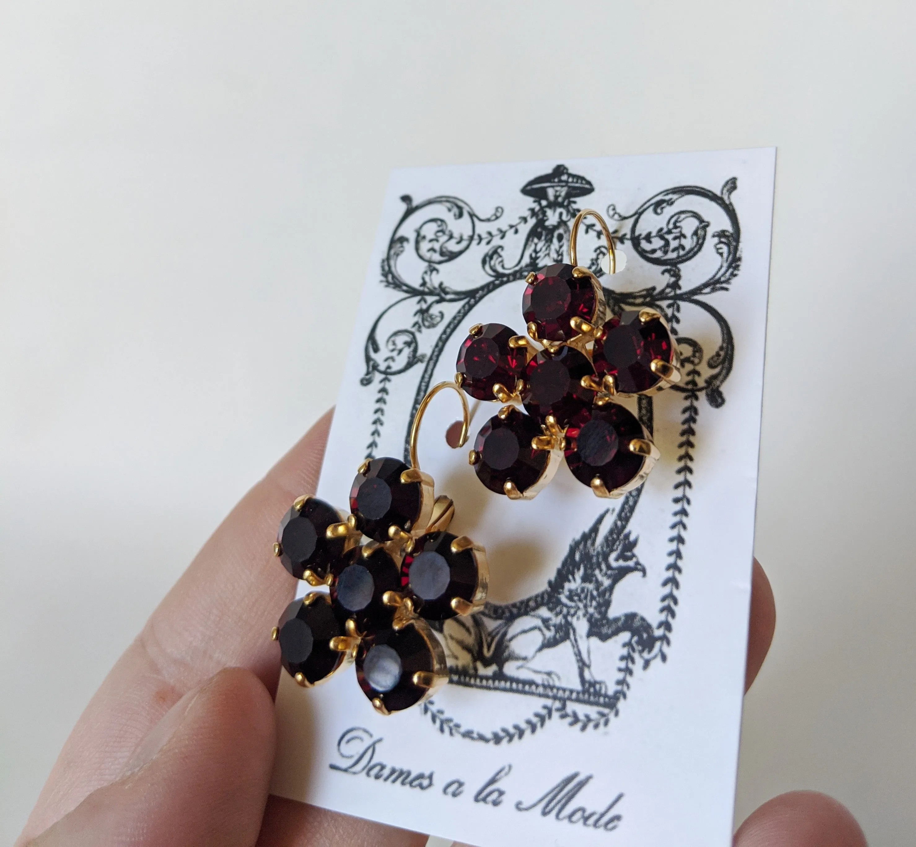 Floral Earrings - Garnet Round Crystals