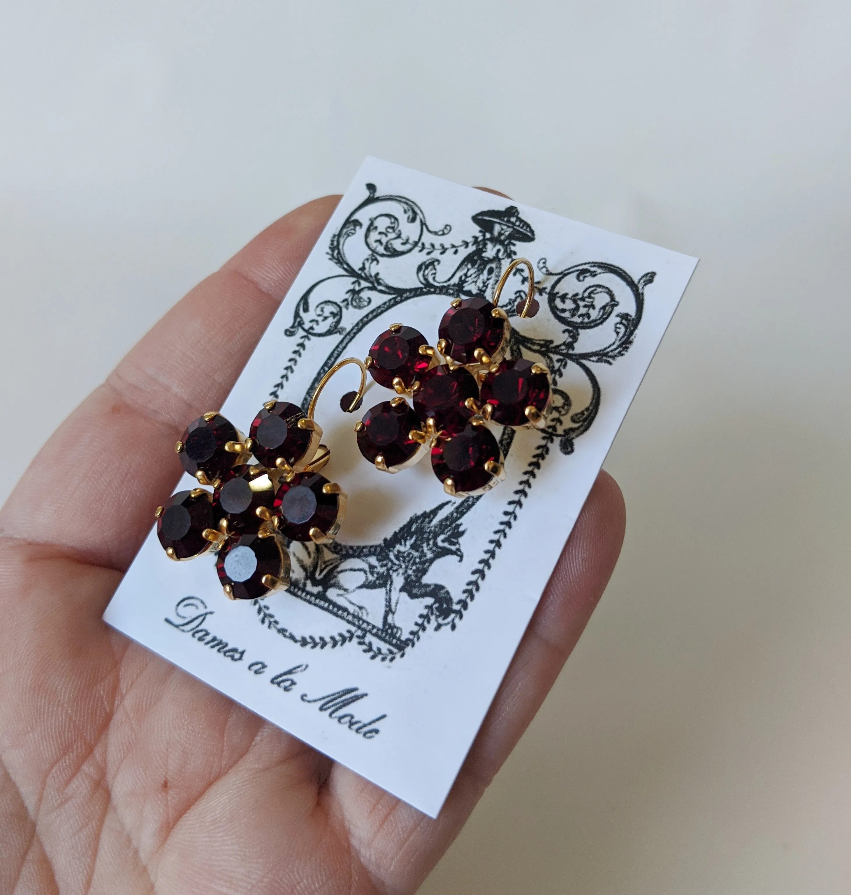 Floral Earrings - Garnet Round Crystals