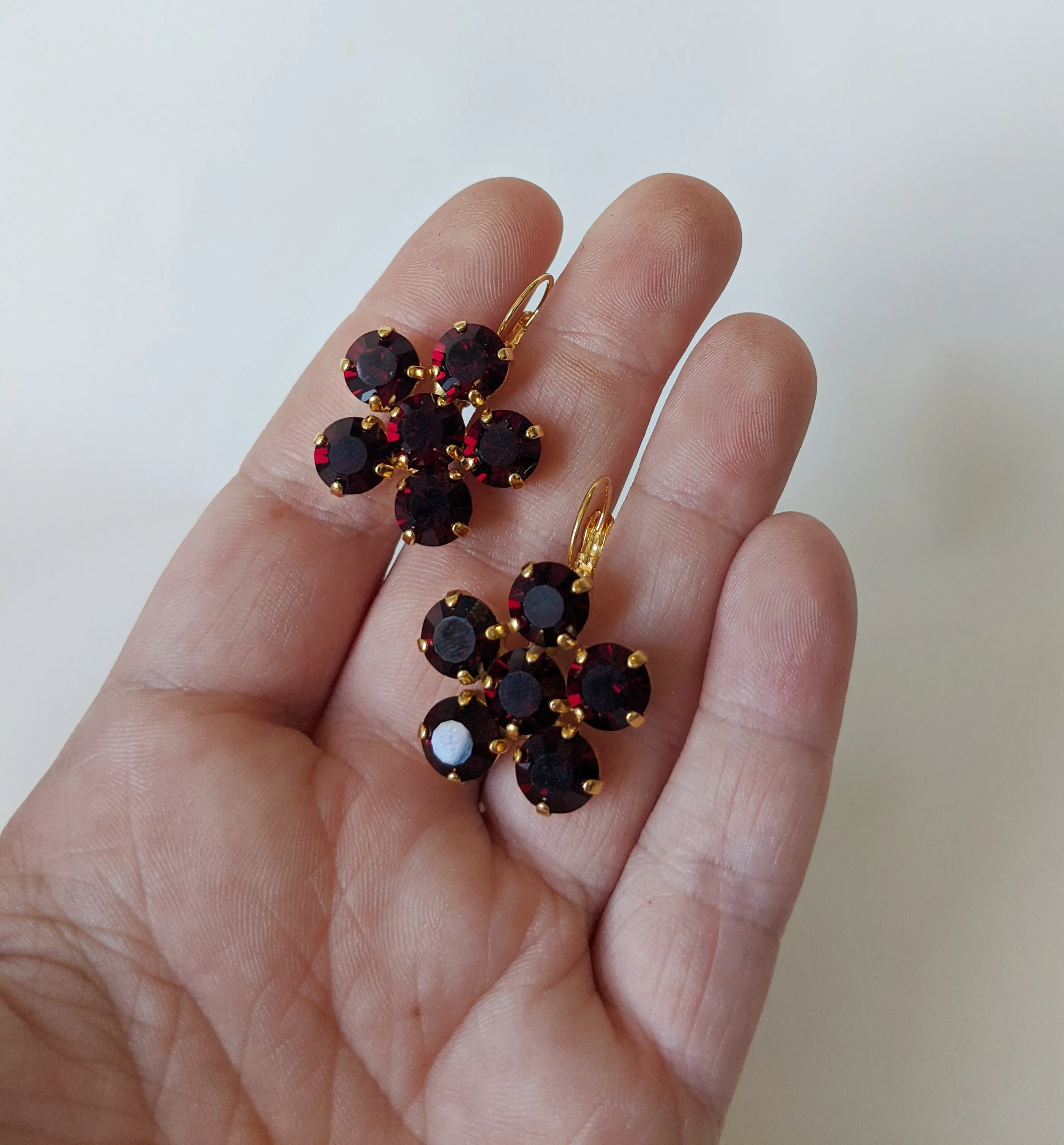 Floral Earrings - Garnet Round Crystals