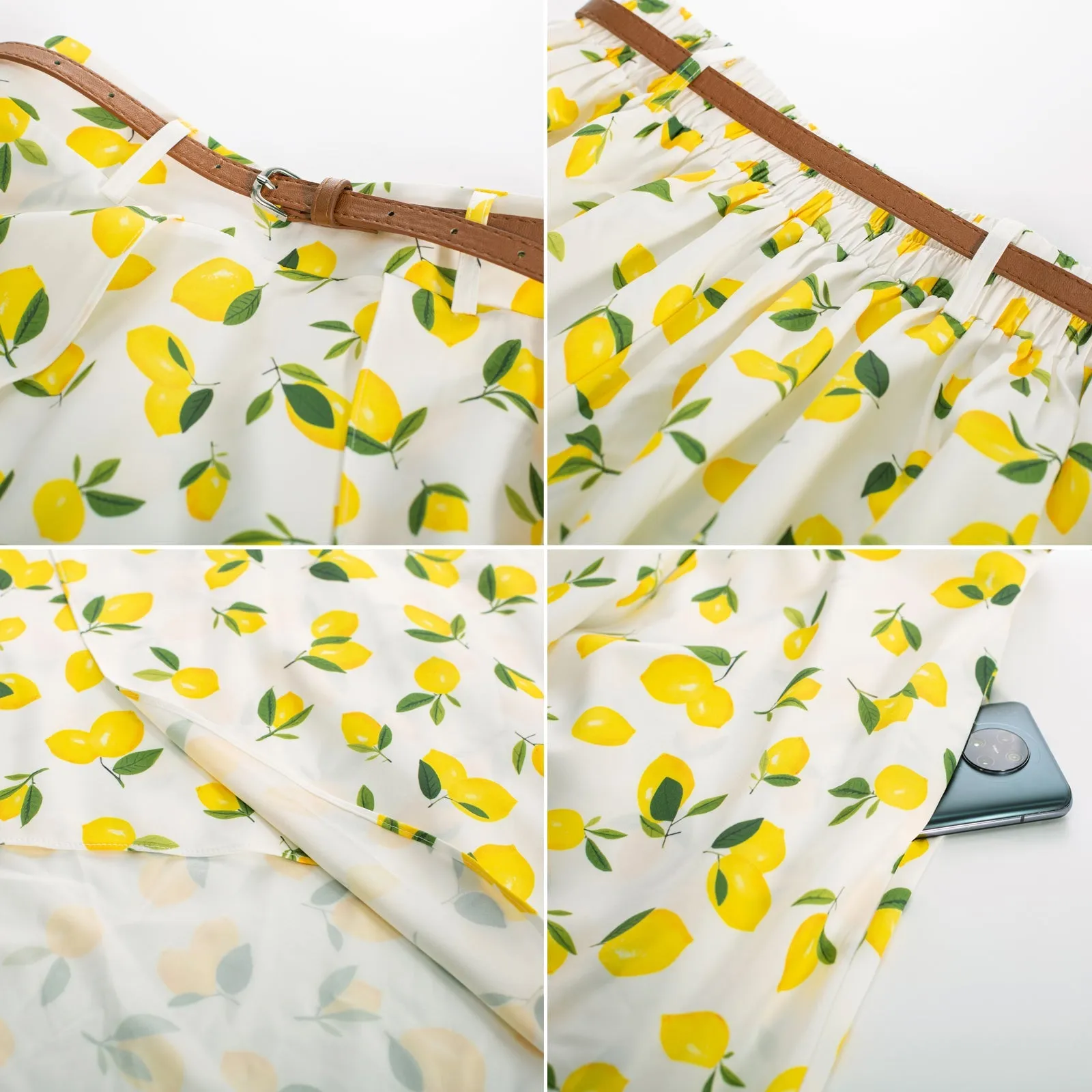 Fruit Patterns High Low A Line Skirts Vintage High Waisted Midi Flowy Skirts with Belt