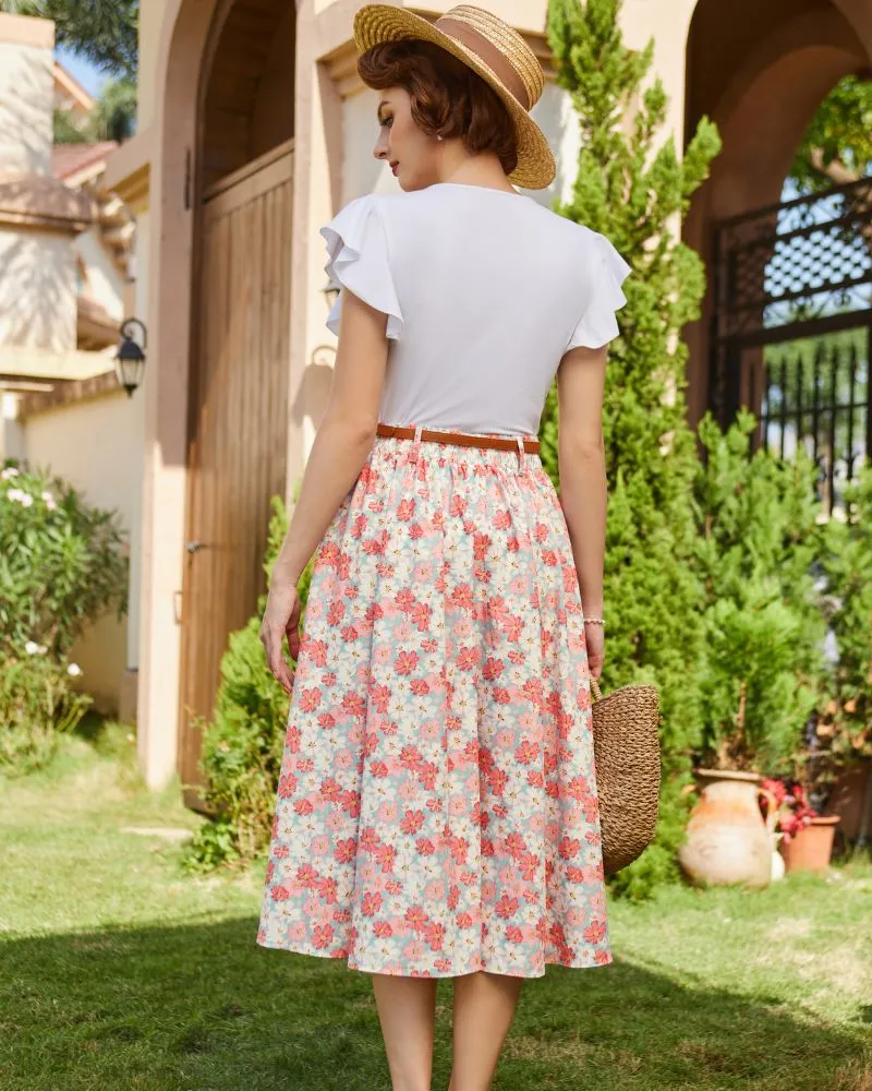 Fruit Patterns High Low A Line Skirts Vintage High Waisted Midi Flowy Skirts with Belt