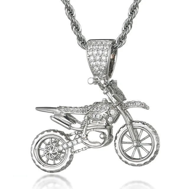 Full AAA Iced Out Bling CZ Cubic Zircon Copper Cool Motorcycle Pendant & Chain