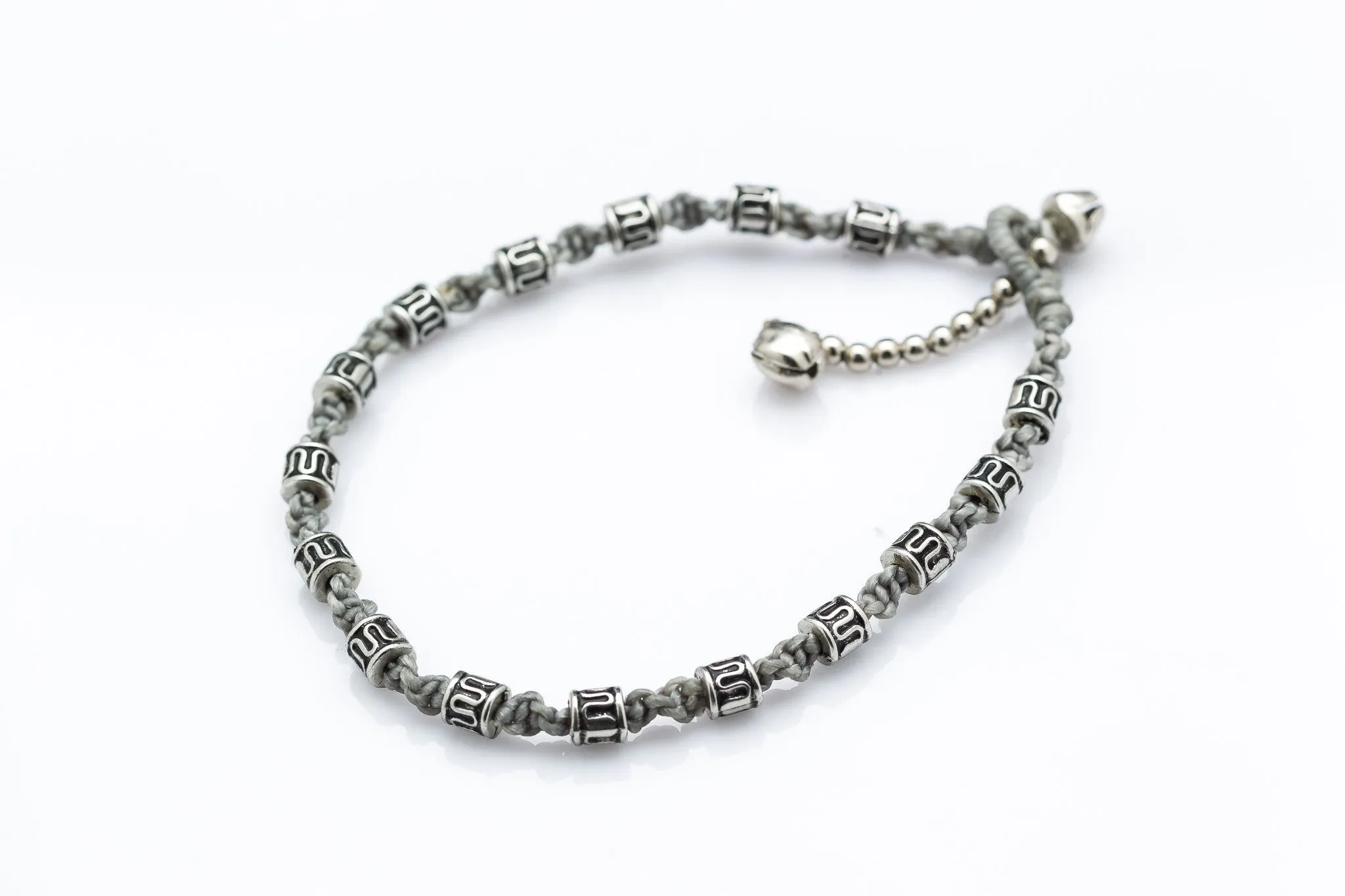 Hand Made Fair Trade Anklet Waxed Cotton Silver Beads Gray