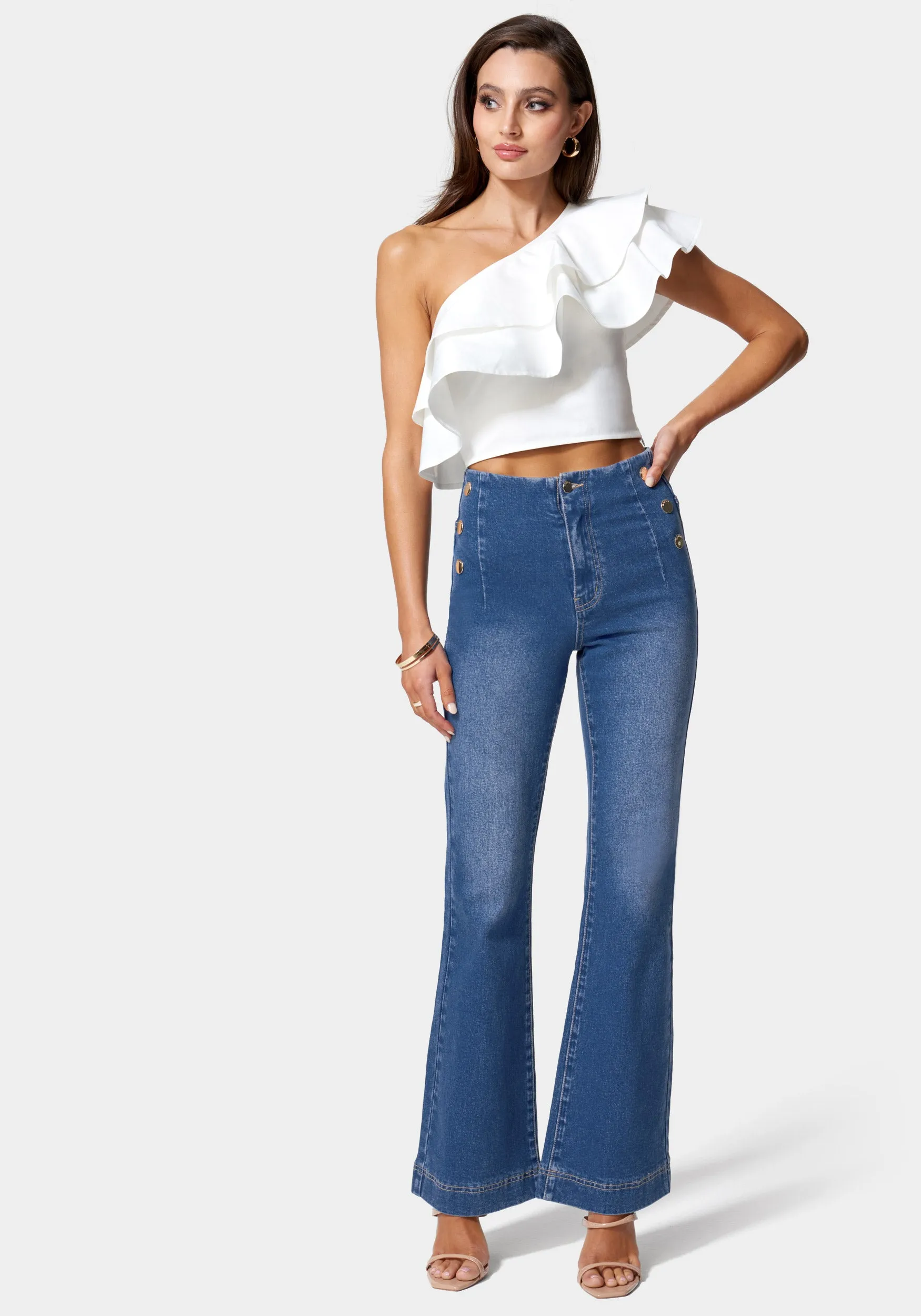 High Waist Button Detail Wide Leg Jeans