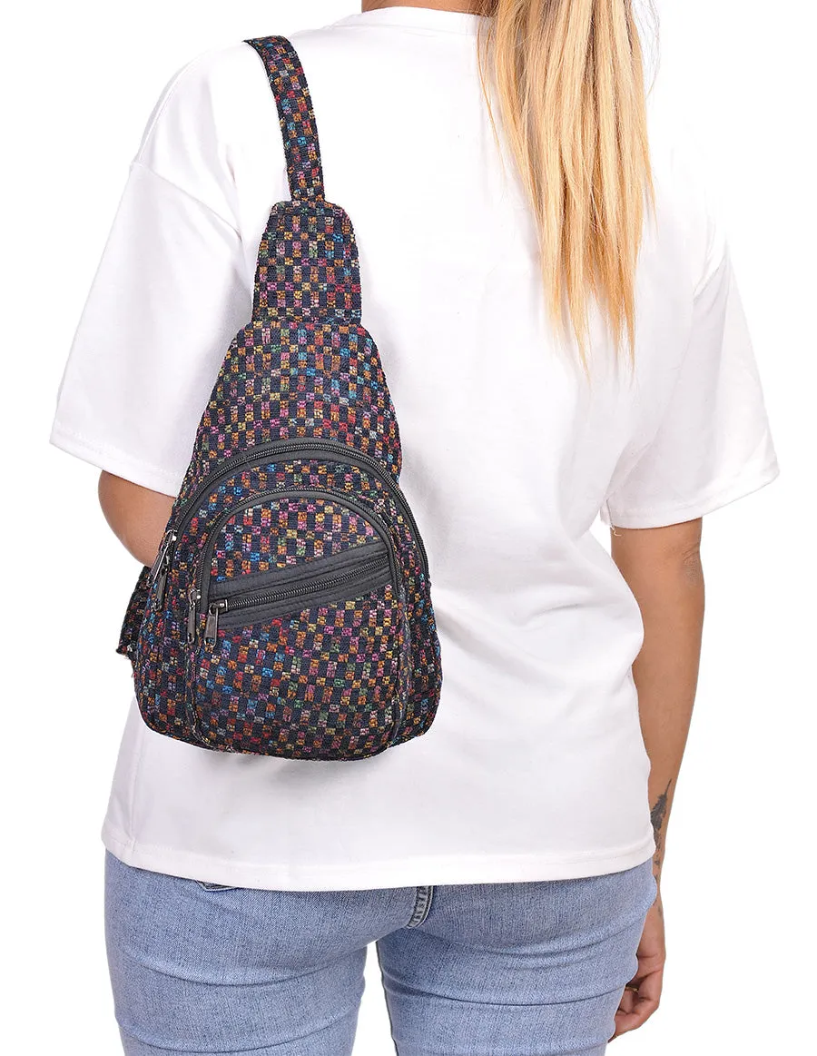 Hippie Boho Cotton Poly Bohemian Sling Bag Backpack Black Checkered