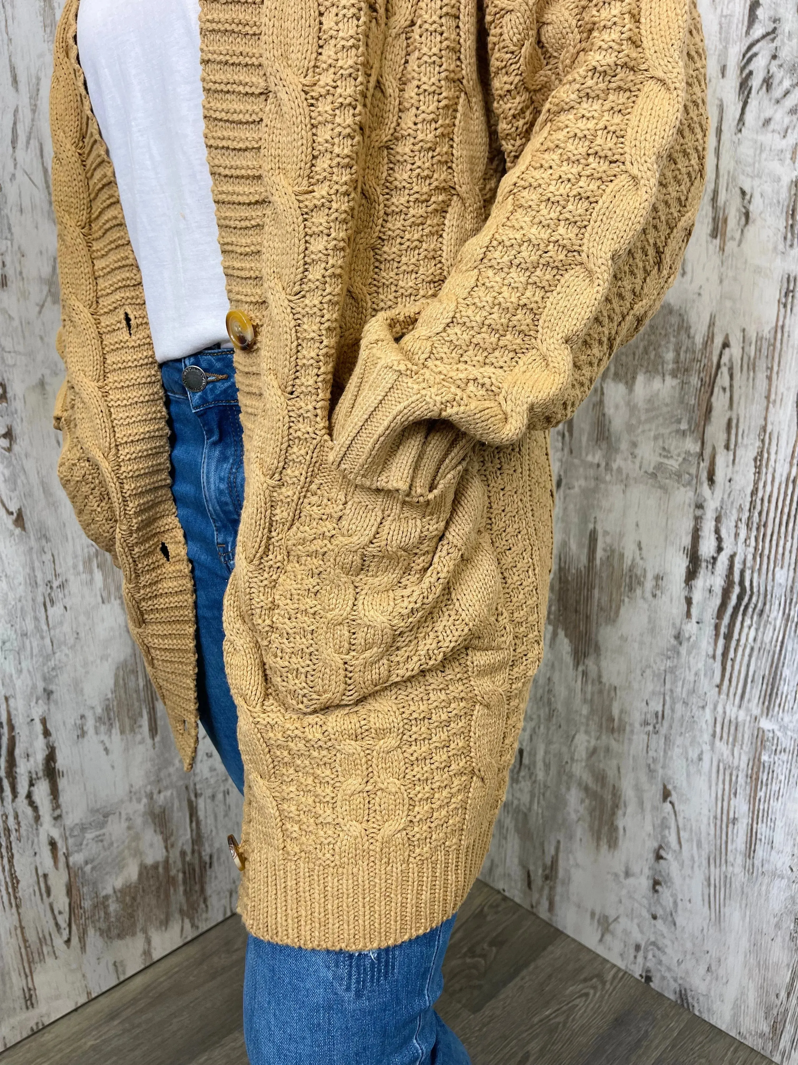 Iris Maxi Knitted Cotton Cardigan with Pockets Buttons - Caramel