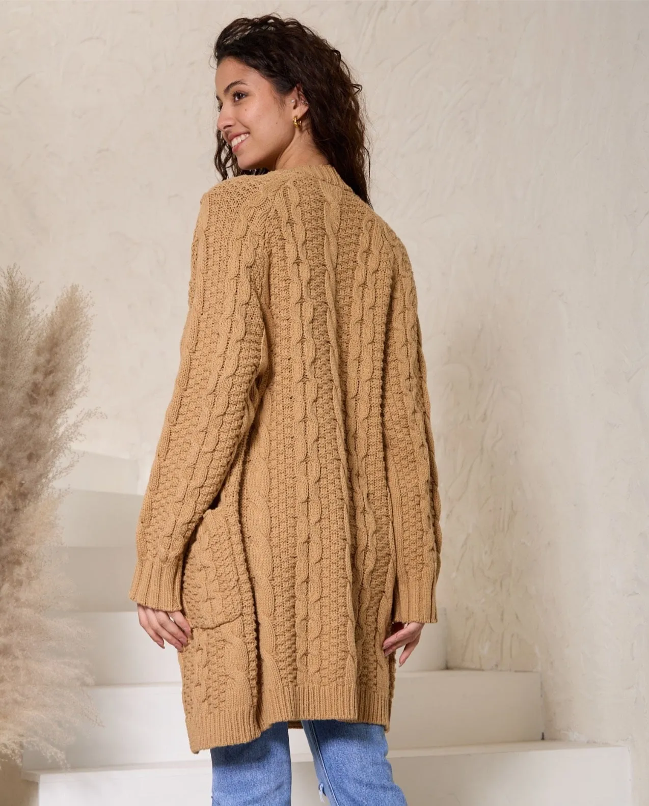 Iris Maxi Knitted Cotton Cardigan with Pockets Buttons - Caramel