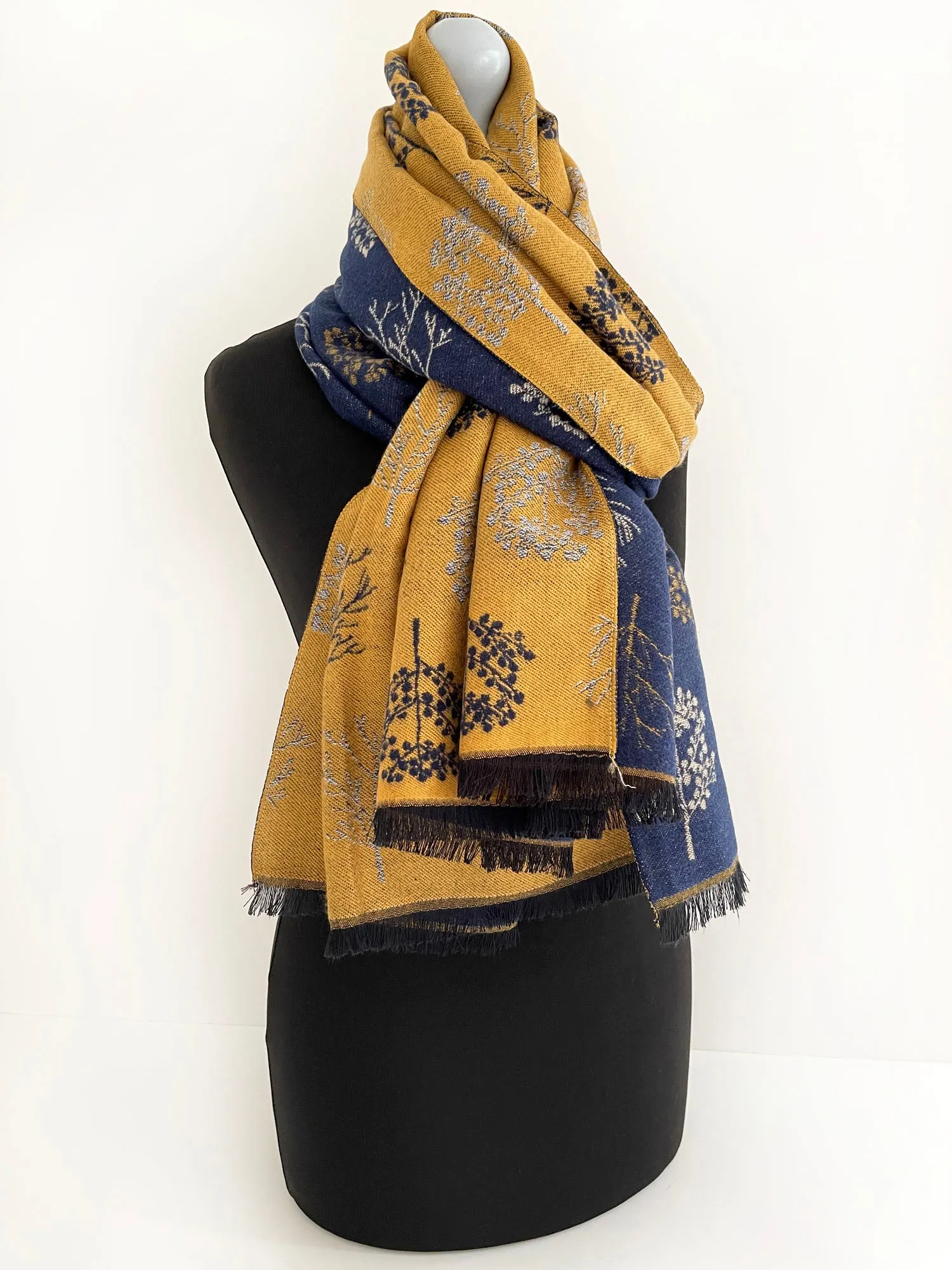 LARGE NAVY YELLOW SKANDI TREE REVERSIBLE WINTER SHAWL WRAP BLANKET SCARF