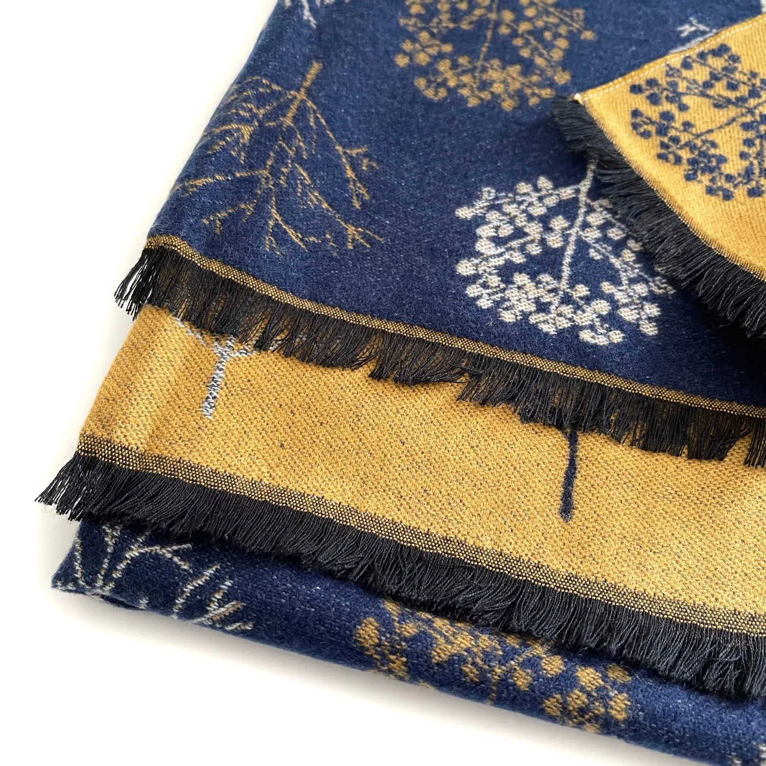 LARGE NAVY YELLOW SKANDI TREE REVERSIBLE WINTER SHAWL WRAP BLANKET SCARF