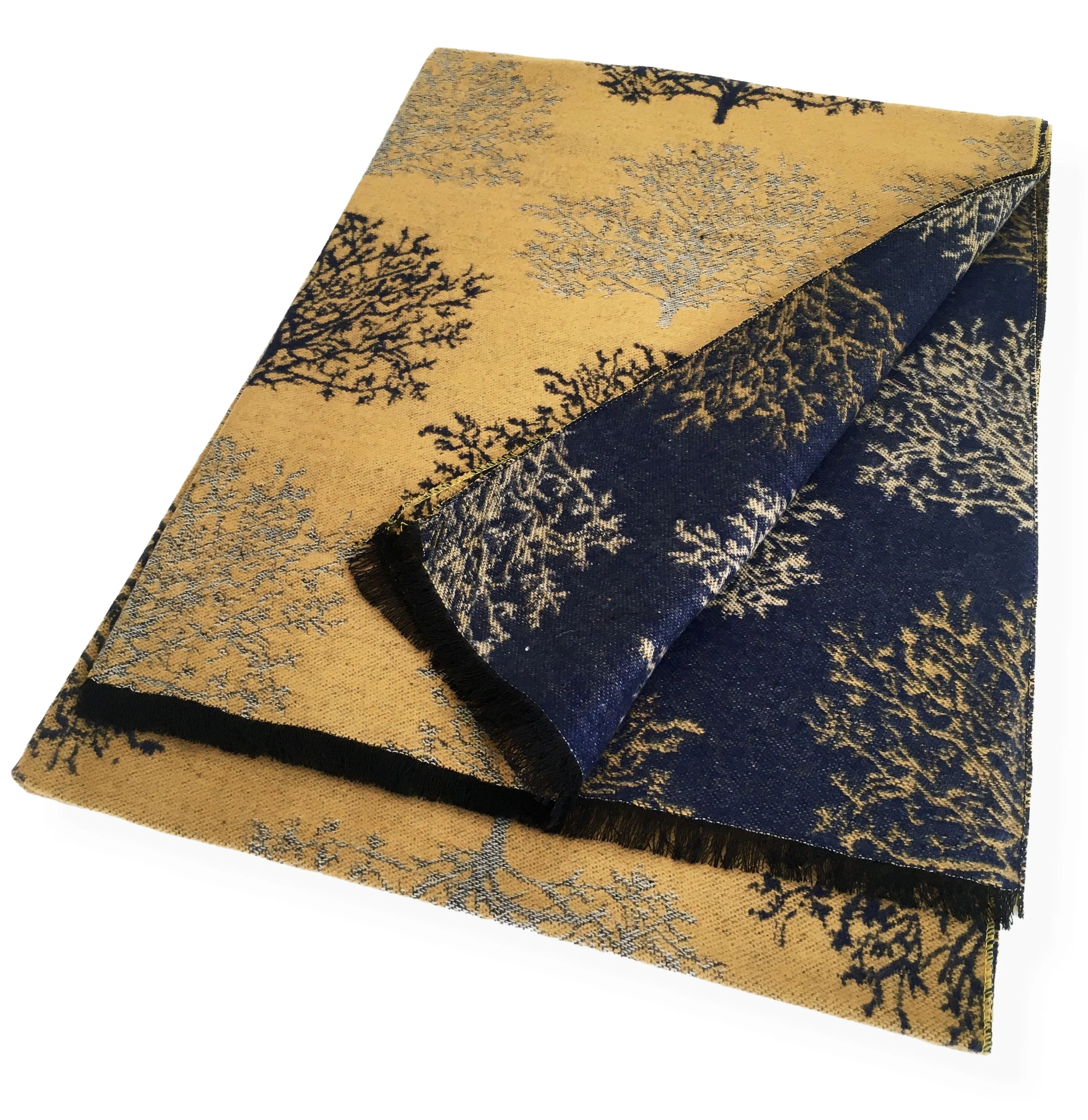 LARGE THICK NAVY MUSTARD TREE REVERSIBLE WINTER SHAWL BLANKET SCARF