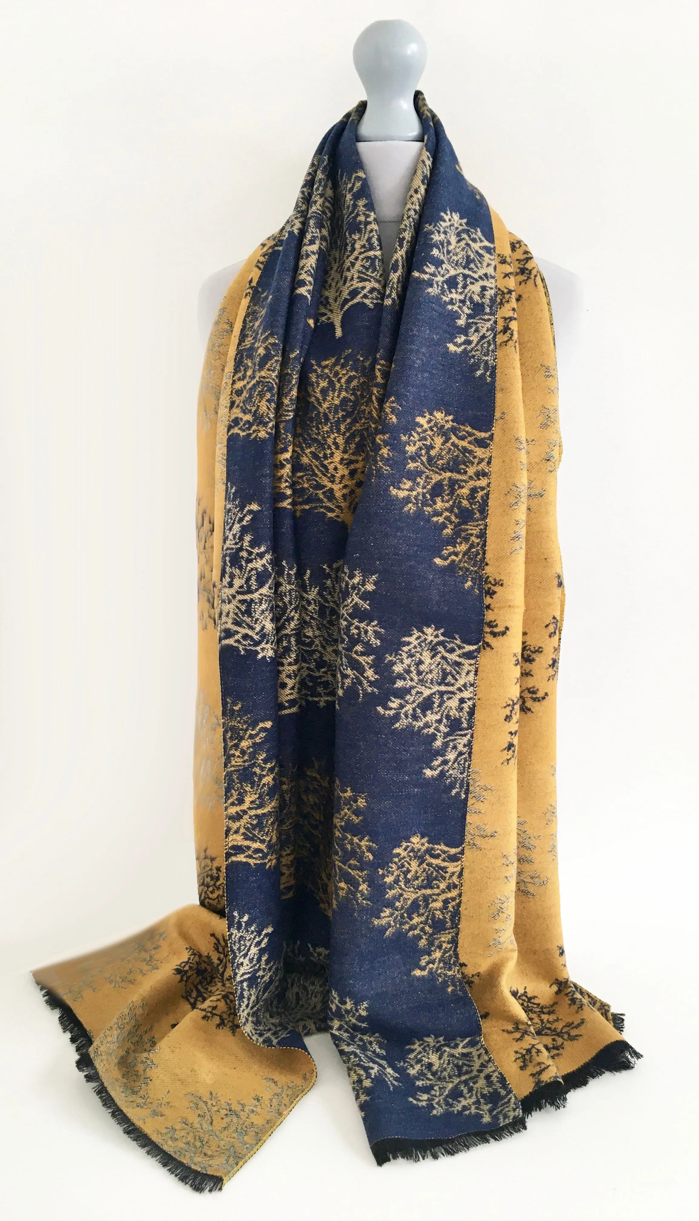 LARGE THICK NAVY MUSTARD TREE REVERSIBLE WINTER SHAWL BLANKET SCARF