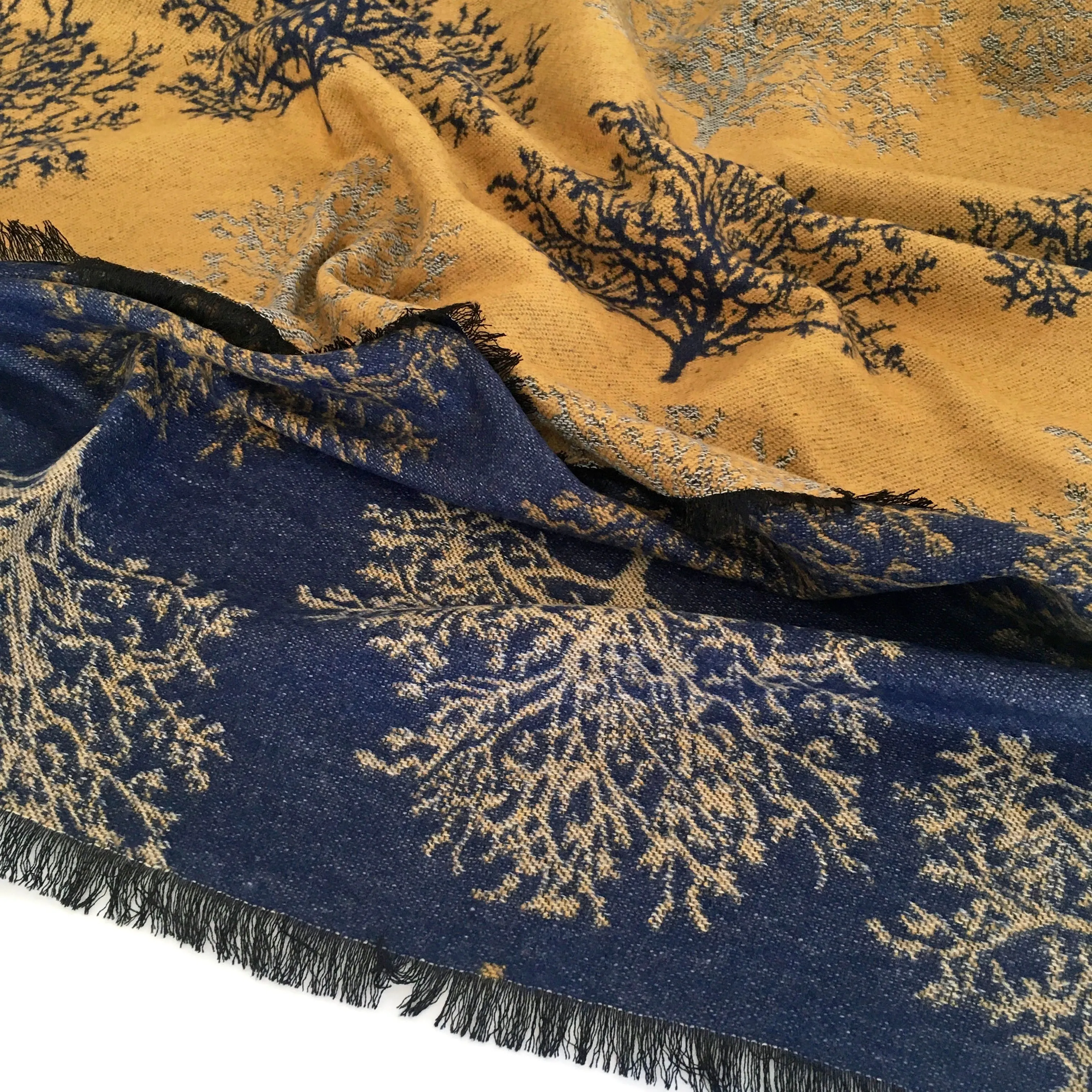 LARGE THICK NAVY MUSTARD TREE REVERSIBLE WINTER SHAWL BLANKET SCARF