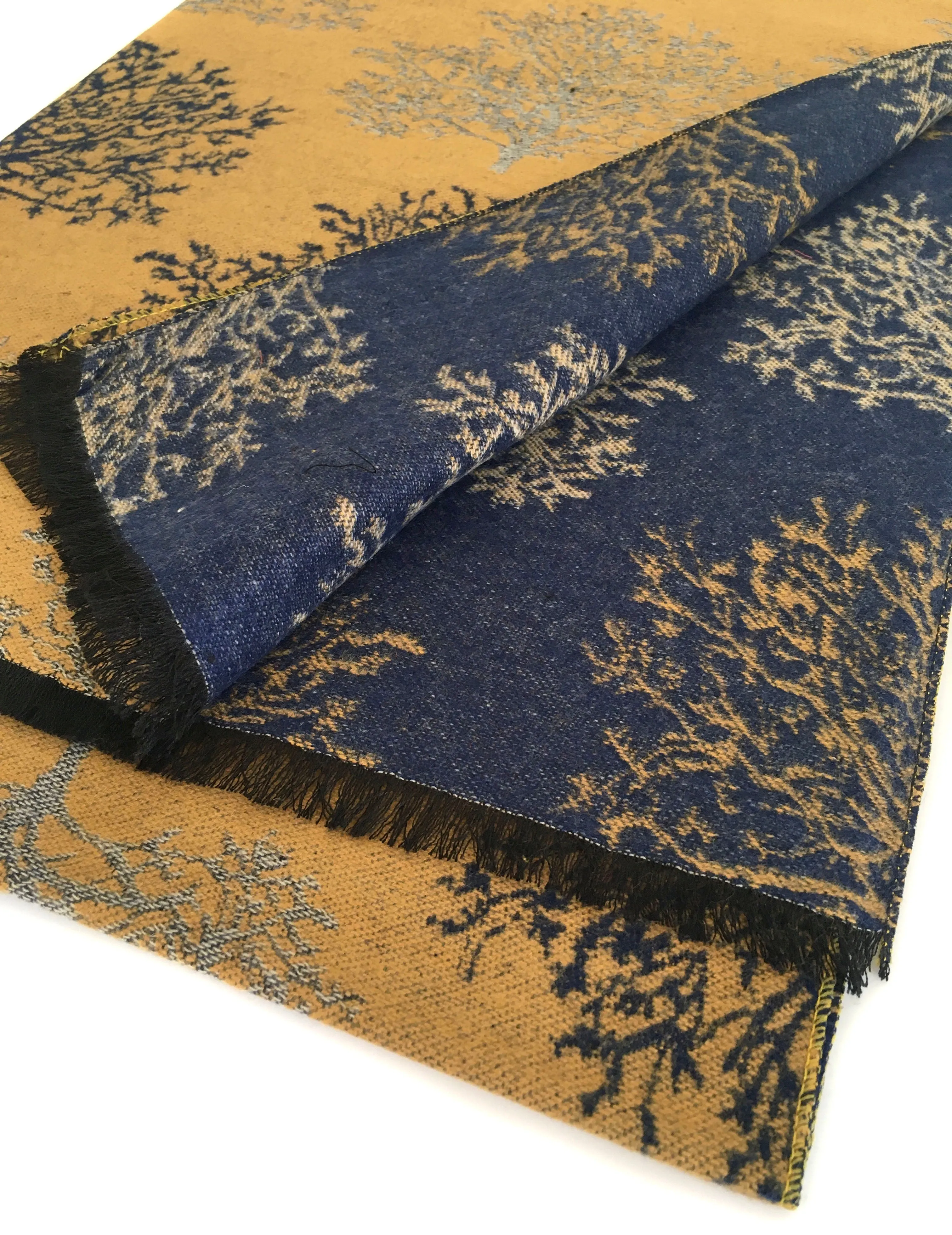 LARGE THICK NAVY MUSTARD TREE REVERSIBLE WINTER SHAWL BLANKET SCARF