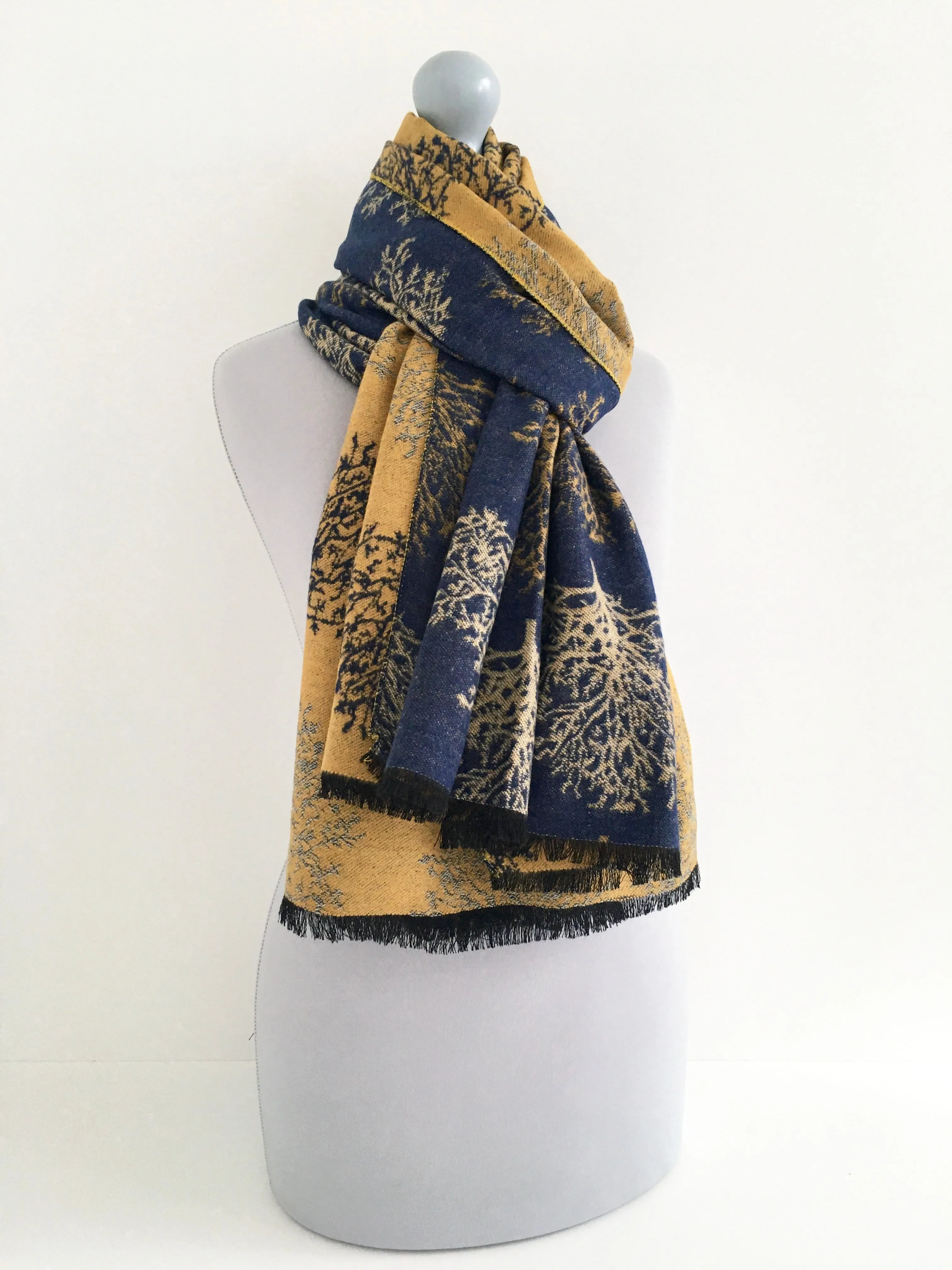 LARGE THICK NAVY MUSTARD TREE REVERSIBLE WINTER SHAWL BLANKET SCARF