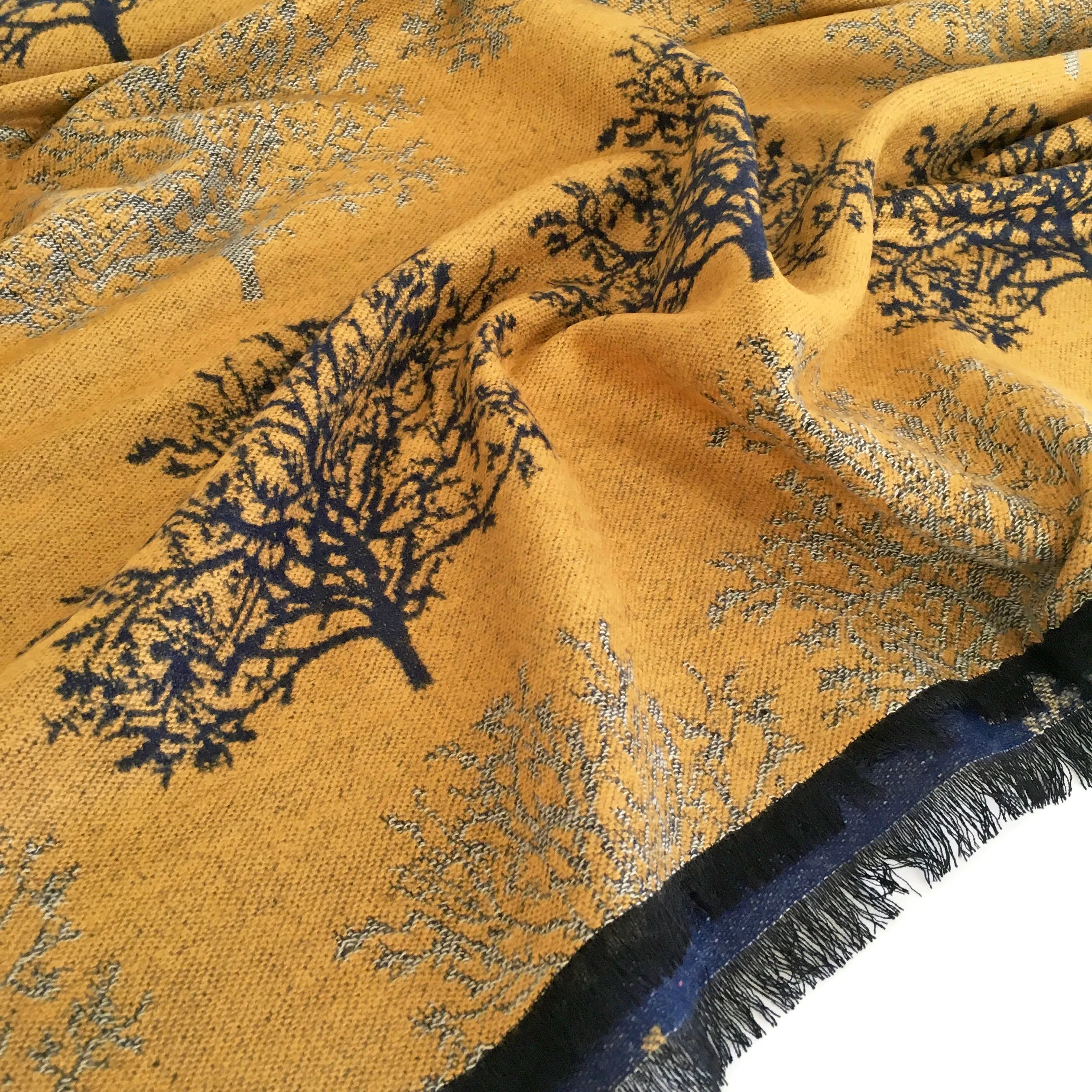 LARGE THICK NAVY MUSTARD TREE REVERSIBLE WINTER SHAWL BLANKET SCARF