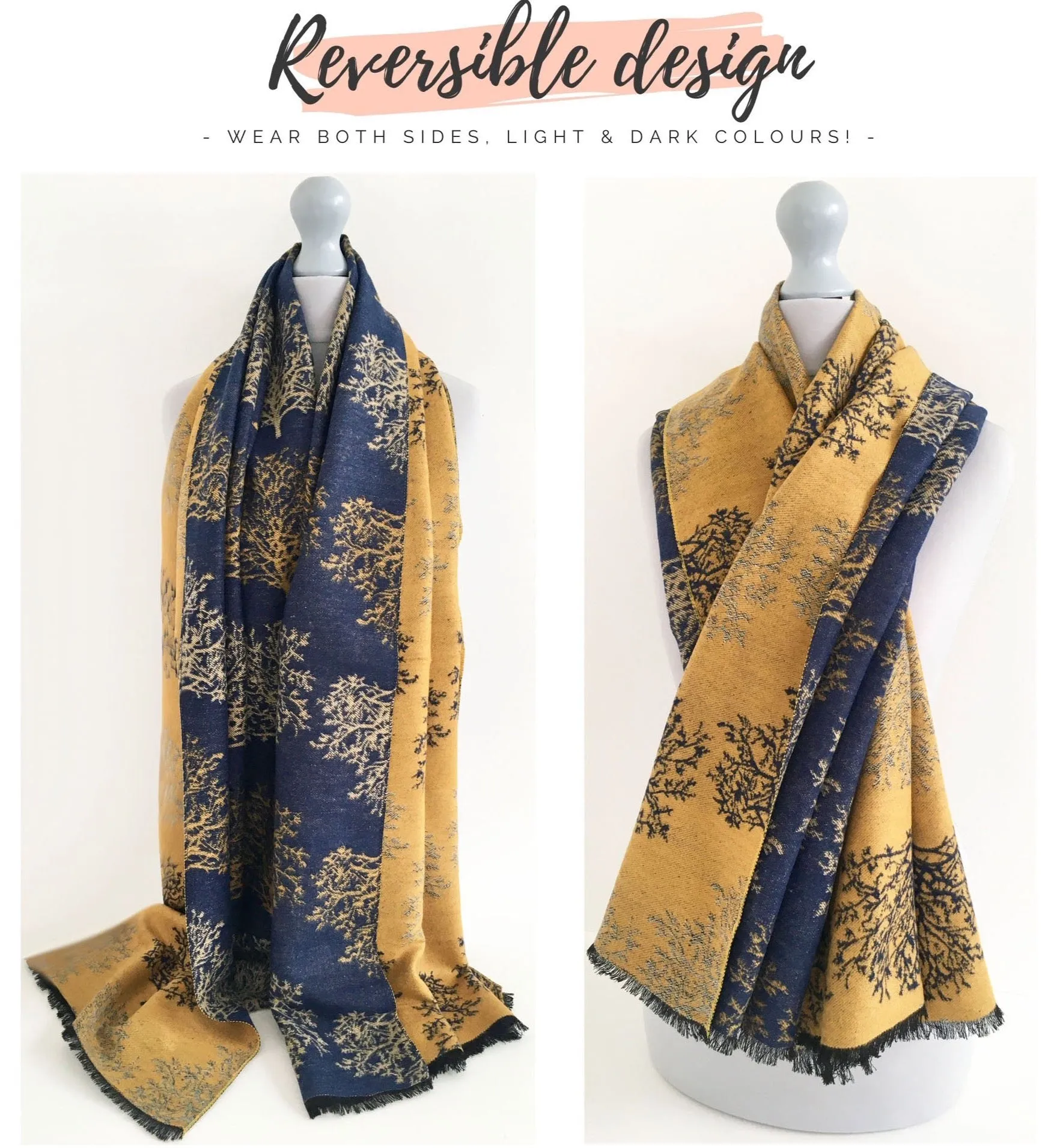 LARGE THICK NAVY MUSTARD TREE REVERSIBLE WINTER SHAWL BLANKET SCARF