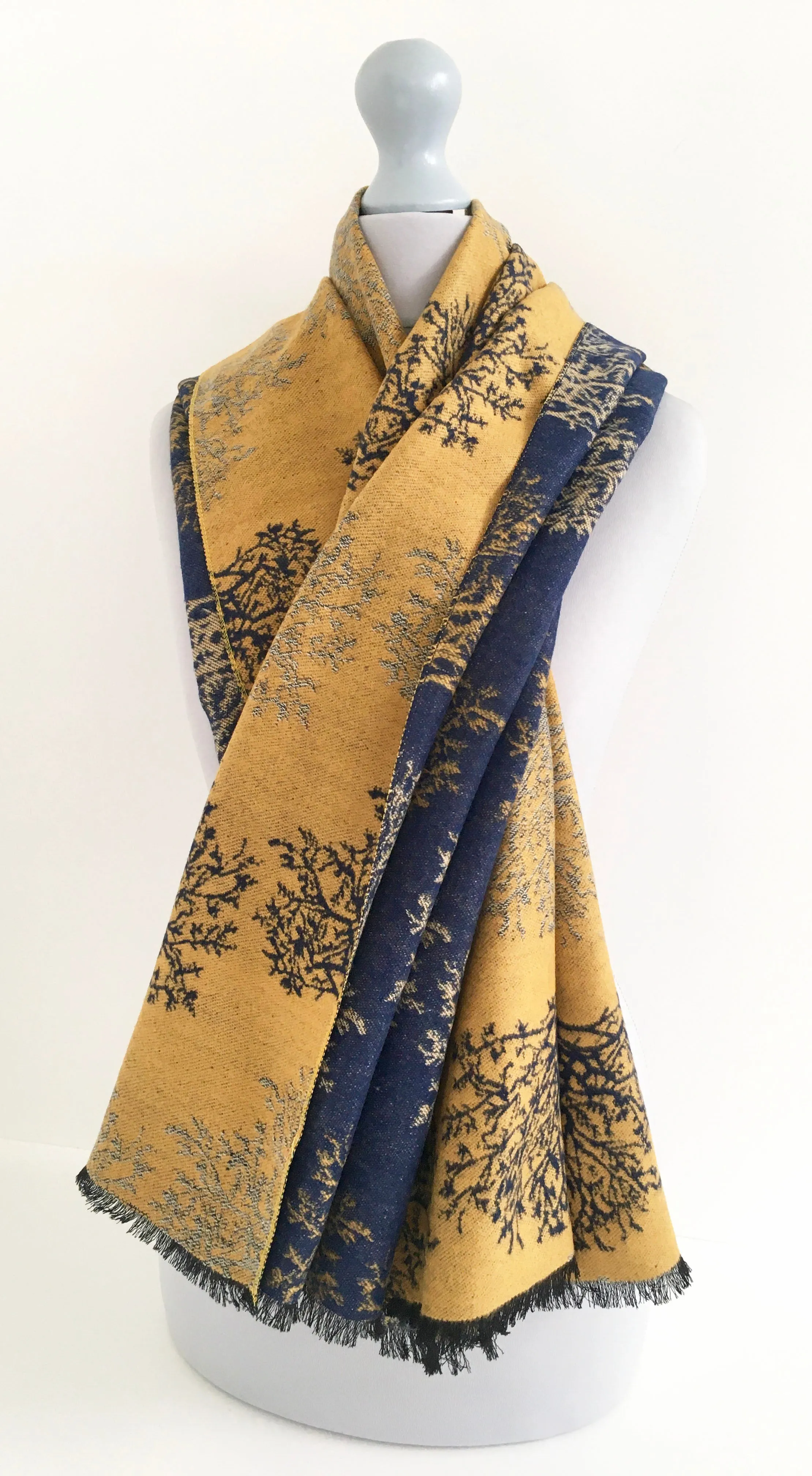 LARGE THICK NAVY MUSTARD TREE REVERSIBLE WINTER SHAWL BLANKET SCARF