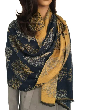 LARGE THICK NAVY MUSTARD TREE REVERSIBLE WINTER SHAWL BLANKET SCARF