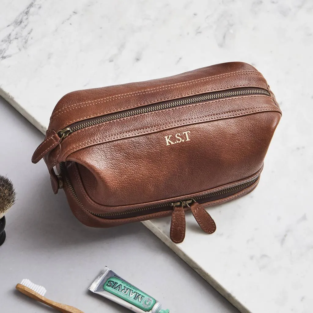 Leather Wash Bag with Zip Bottom