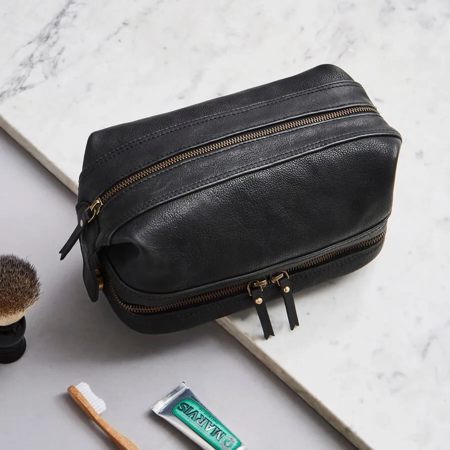 Leather Wash Bag with Zip Bottom