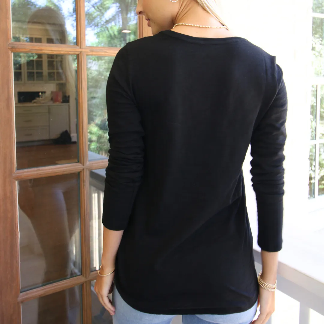 Long Sleeve CYA Crew in Black Pima Cotton Slub