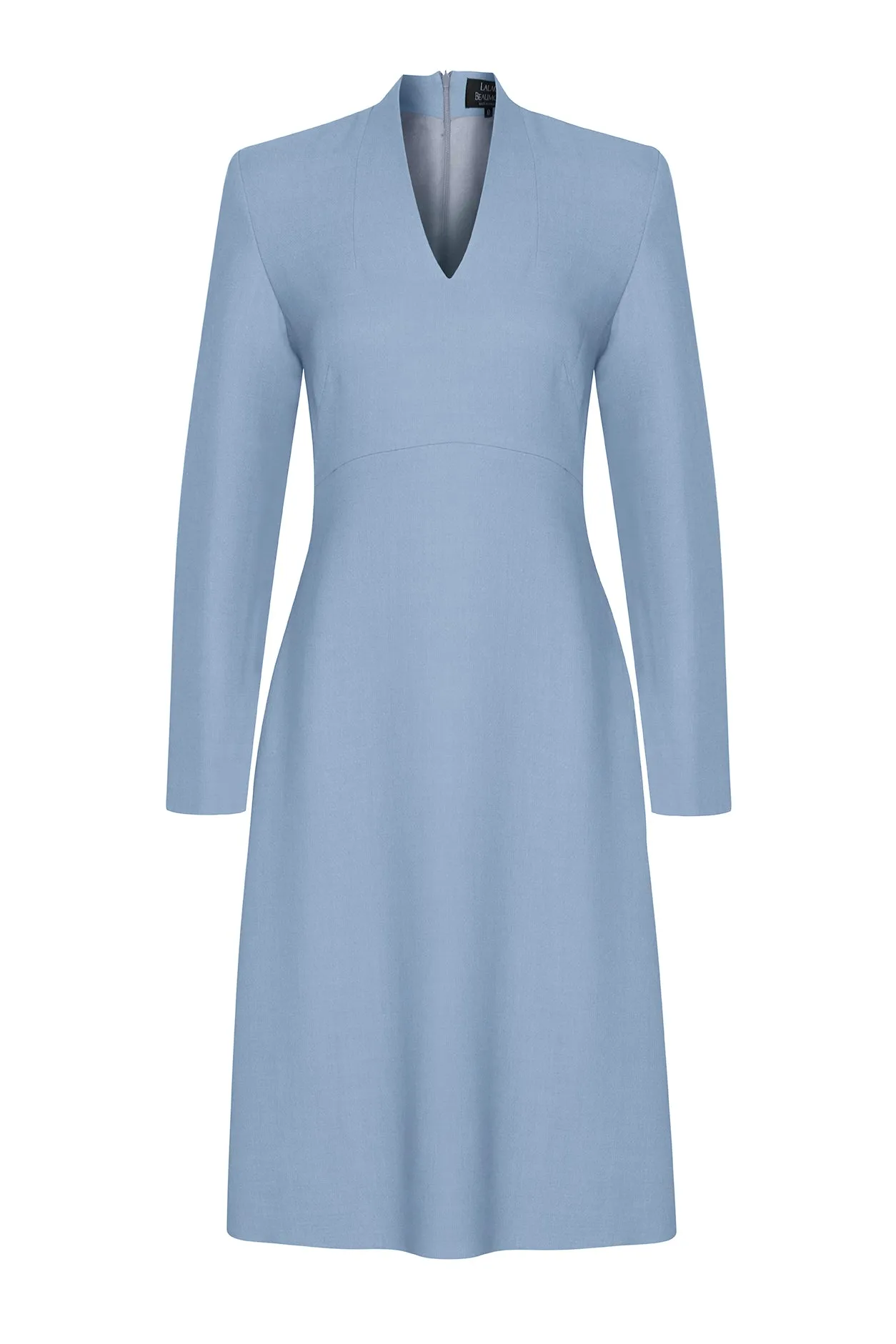 Long-Sleeve Dress with A-line Skirt in Sky Blue Faille - Emilia