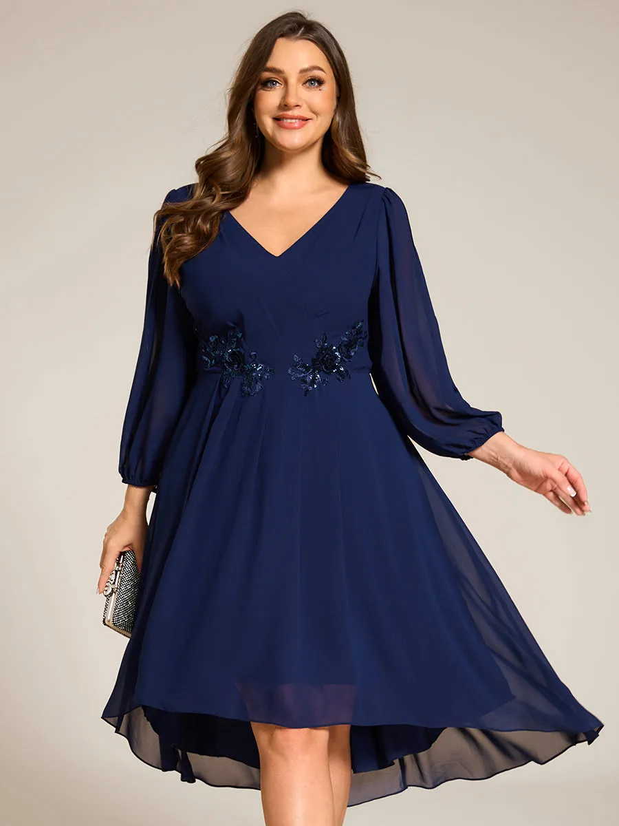 Long Sleeves Waist Applique A-Line Midi Chiffon Wedding Guest Dress