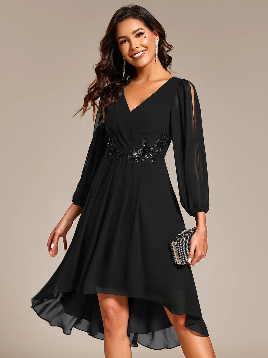 Long Sleeves Waist Applique A-Line Midi Chiffon Wedding Guest Dress