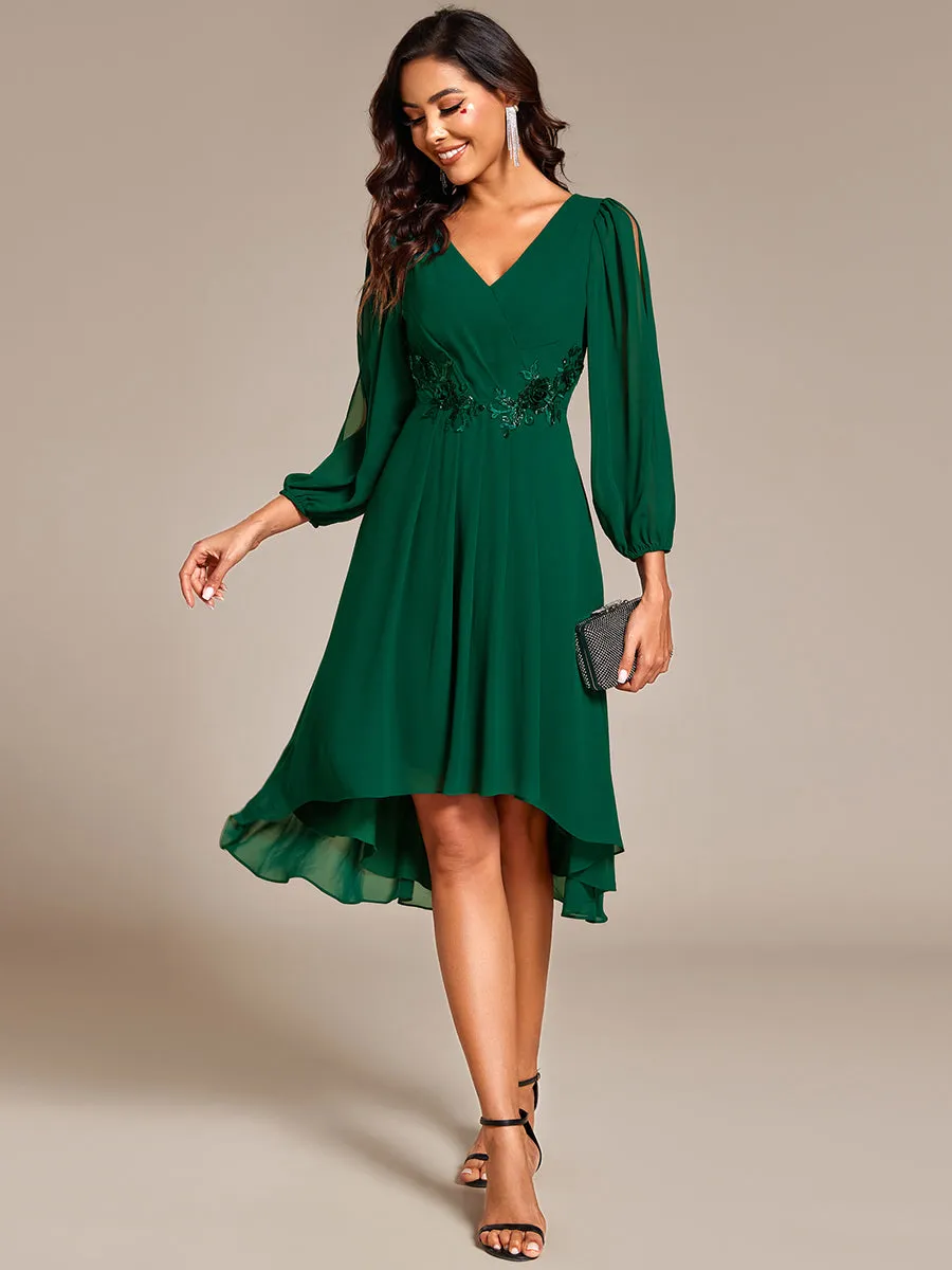 Long Sleeves Waist Applique A-Line Midi Chiffon Wedding Guest Dress