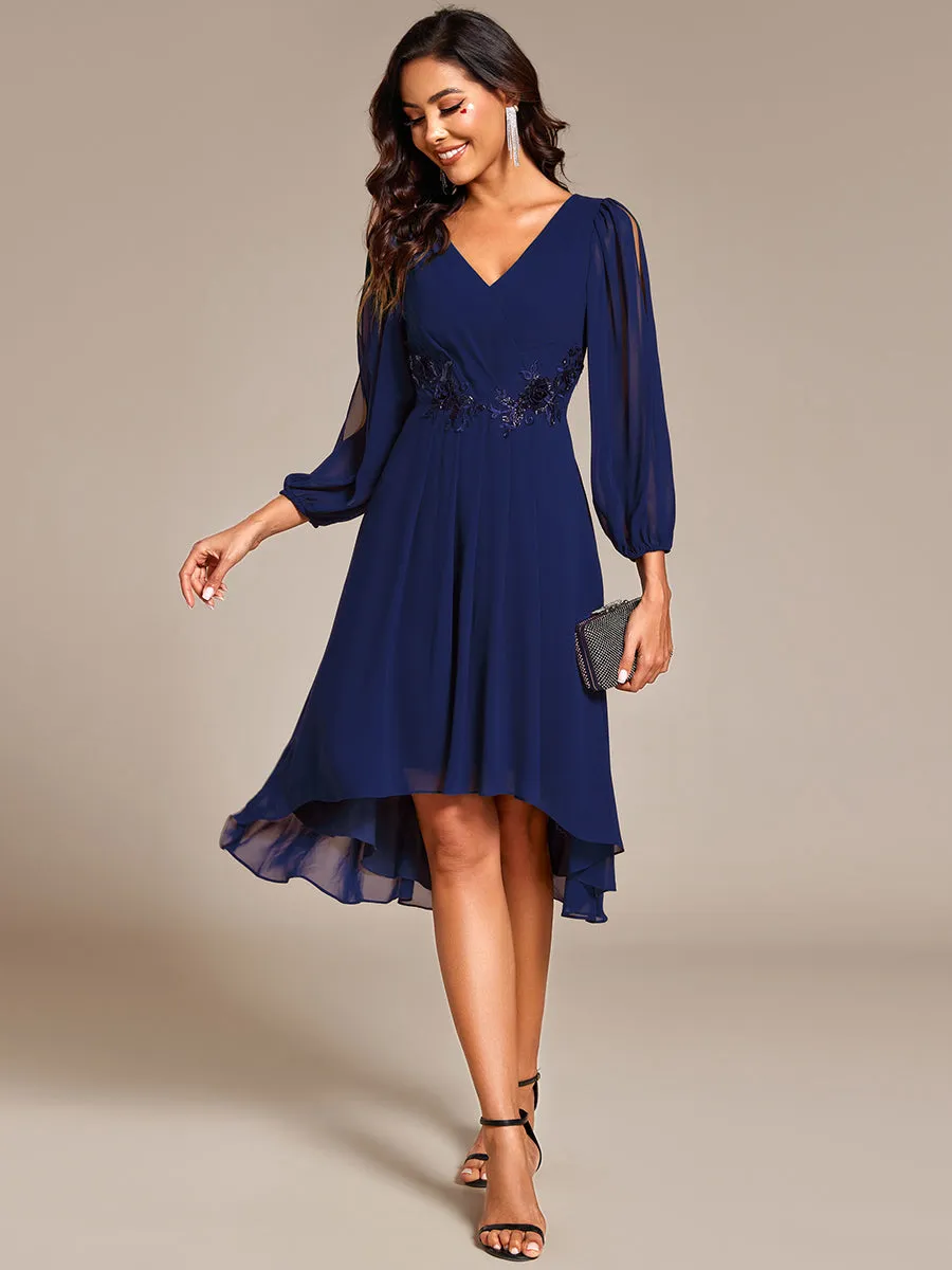 Long Sleeves Waist Applique A-Line Midi Chiffon Wedding Guest Dress