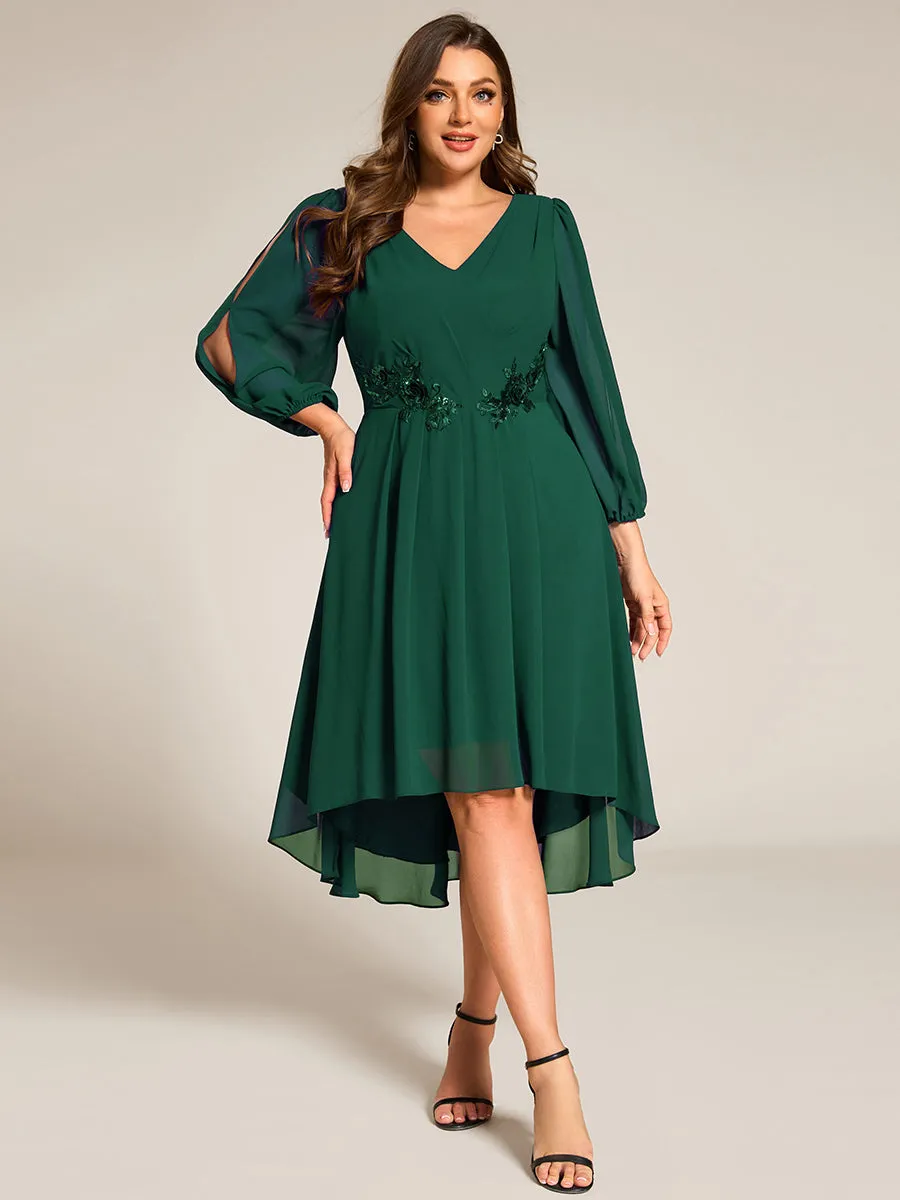 Long Sleeves Waist Applique A-Line Midi Chiffon Wedding Guest Dress